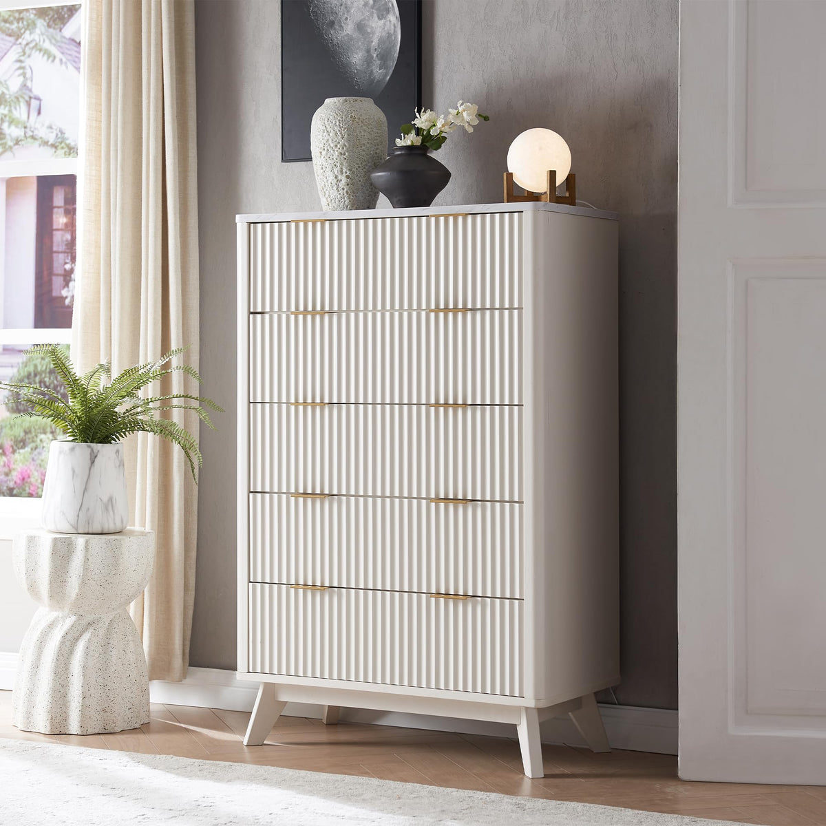 T4Tream Fluted 5 Drawers Dresser, 48' Tall Modern Chest Of Drawers With Faux Marble Top, Curved Profile Design, Wood Drawer Organizer For Bedroom, Living Room, Hallway, Entryway, Solid White