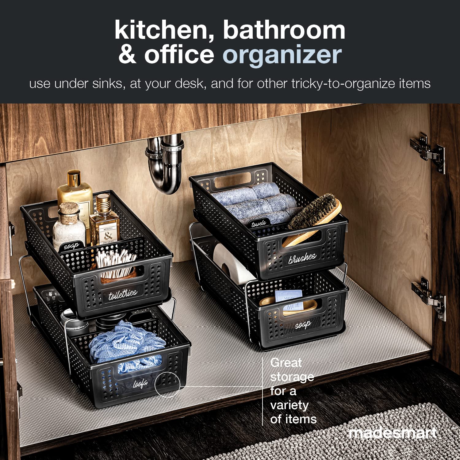 Madesmart 2-Tier Organizer Multi-Purpose Slide-Out Storage With Handles And Dividers For Home And Bath, Bpa Free, Pack Of 1, Car