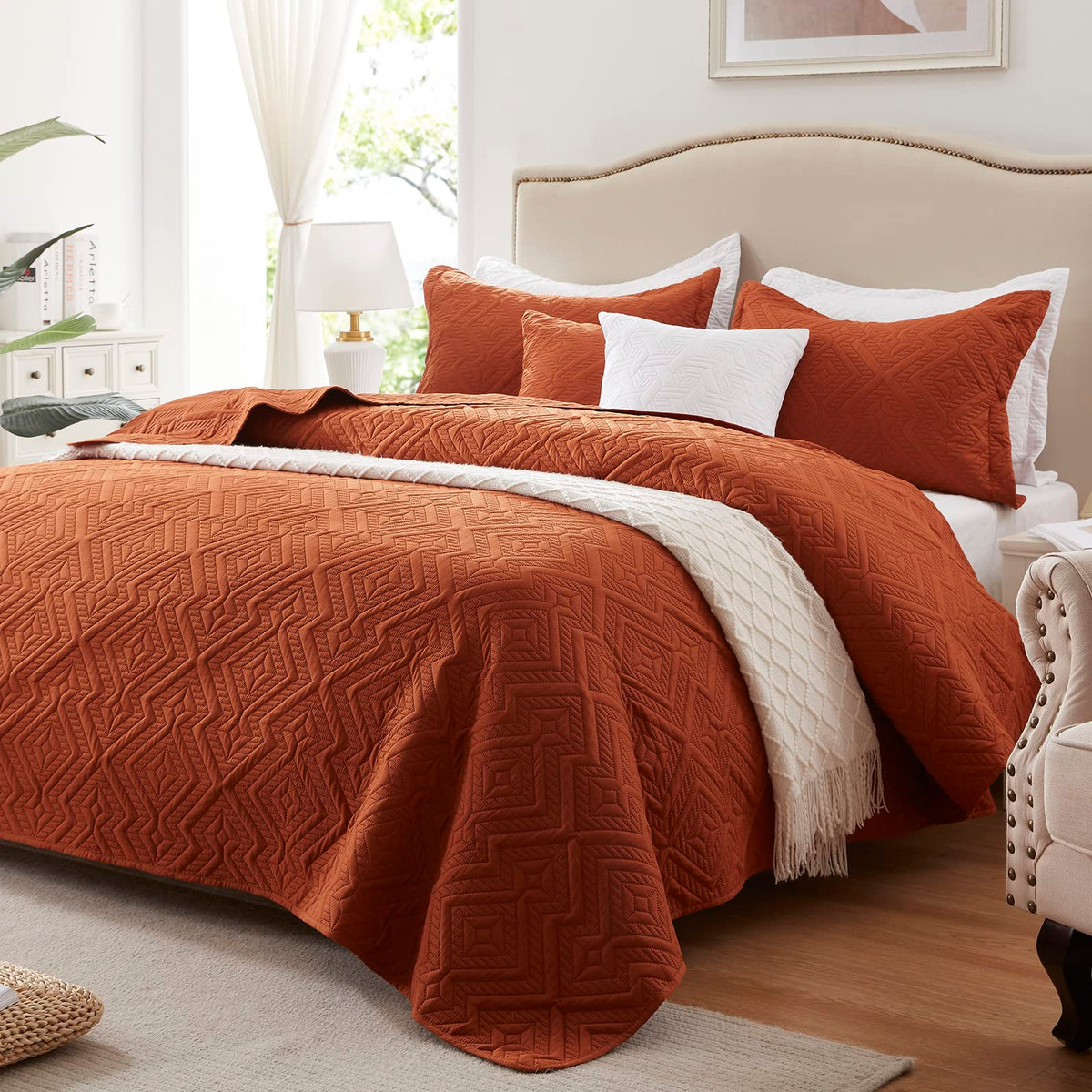 Oversized California King Size Quilt Set 3 Pieces, Burnt Orange/Rust Bedspread-118''X106'', Soft Lightweight Summer Quilt, Luxur