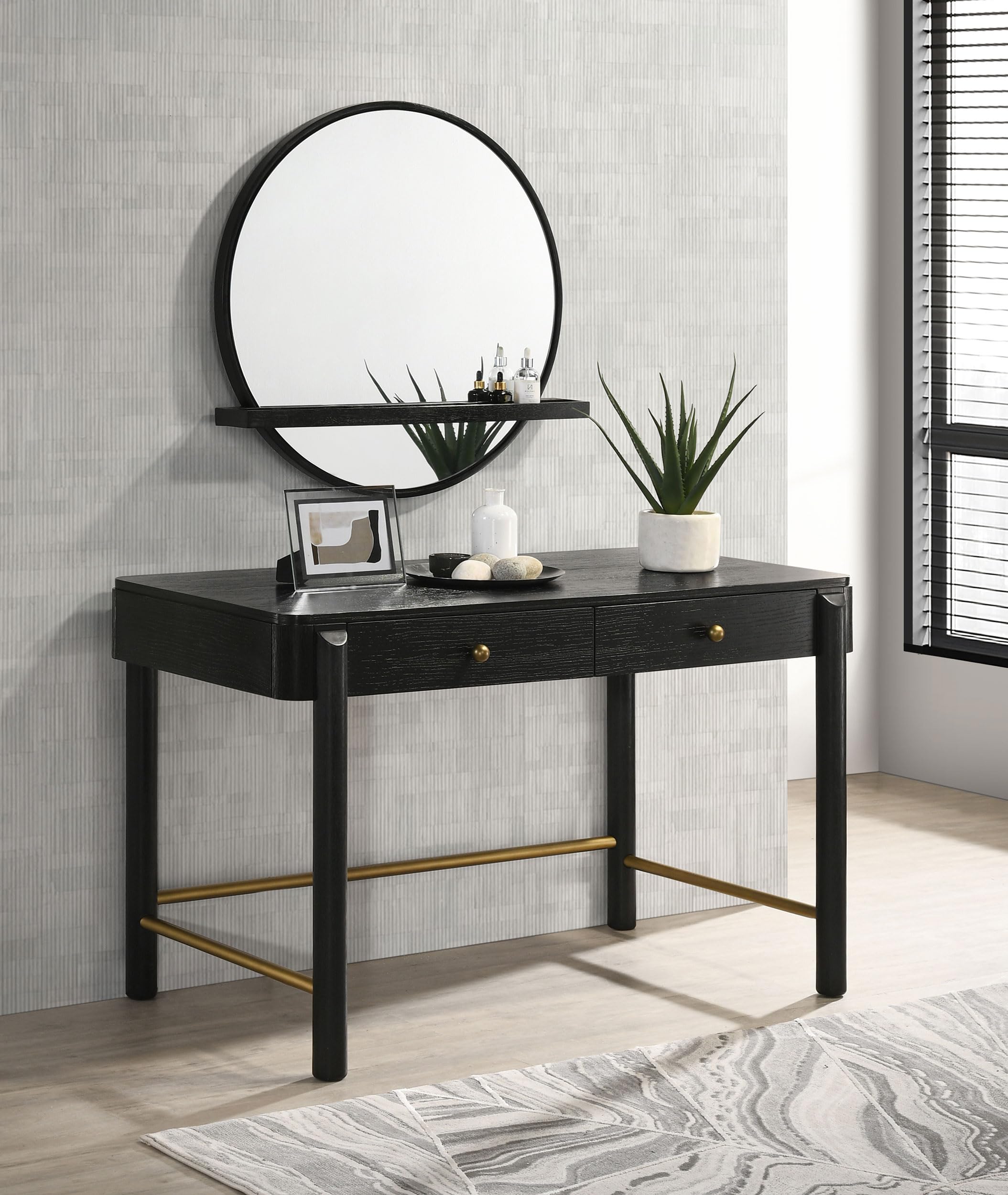 Coaster Home Furnishings Arini Coastal 2-Piece Makeup Vanity Desk with Mirror for Bedroom Makeup Table and Wall Mounted Round Vanity Mirror with Jewelry Storage Shelf Black 224337-SET