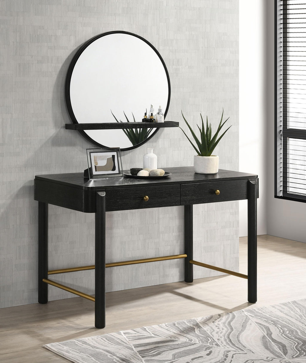 Coaster Home Furnishings Arini Coastal 2-Piece Makeup Vanity Desk with Mirror for Bedroom Makeup Table and Wall Mounted Round Vanity Mirror with Jewelry Storage Shelf Black 224337-SET