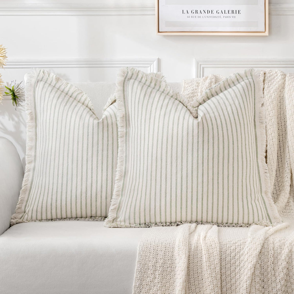 Miulee Pack Of 2 Sage Green Pillow Covers 24X24 Inch Striped Farmhouse Couch Throw Pillow Covers With Fringe Chic Linen Decorati