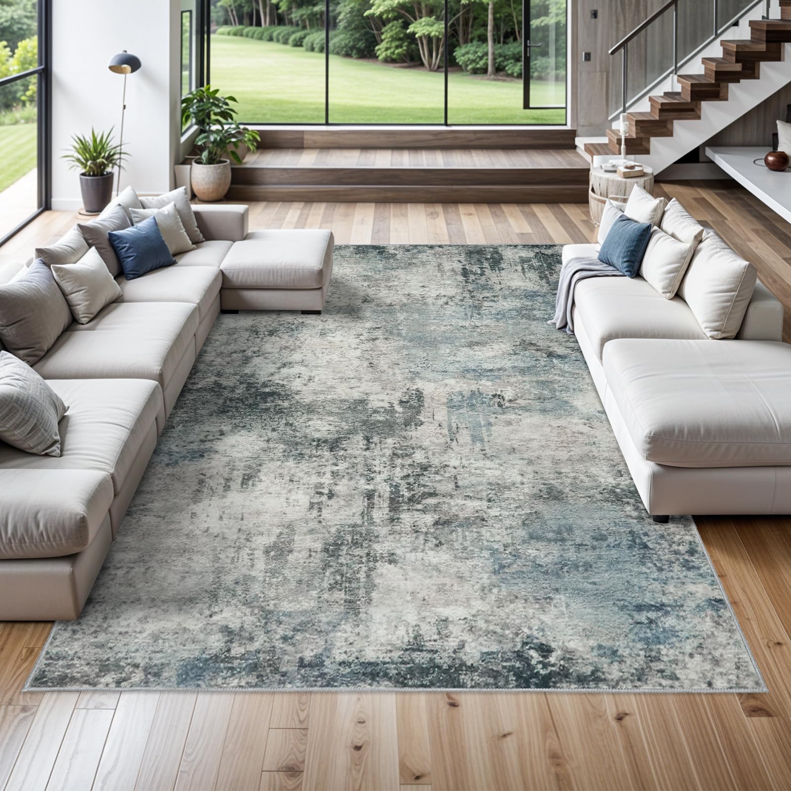 RUUGME Abstract 10X14 Washable Rug - Area Rugs for Living Room Large Indoor Ultra Thin mat for Bedroom Stain Resistant Non-Slip 