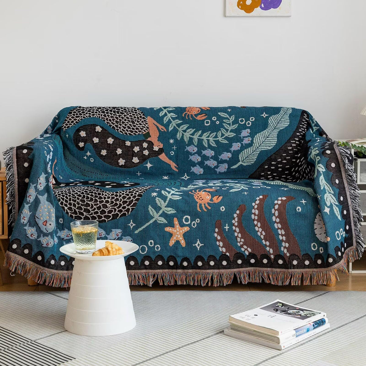 Vclife Modern Cotton Linen Couch Cover Cute Fish Shark Mermaid Slipcover For 2 Cushion Couch Sofa, Non Slip Soft Dog Cat Section