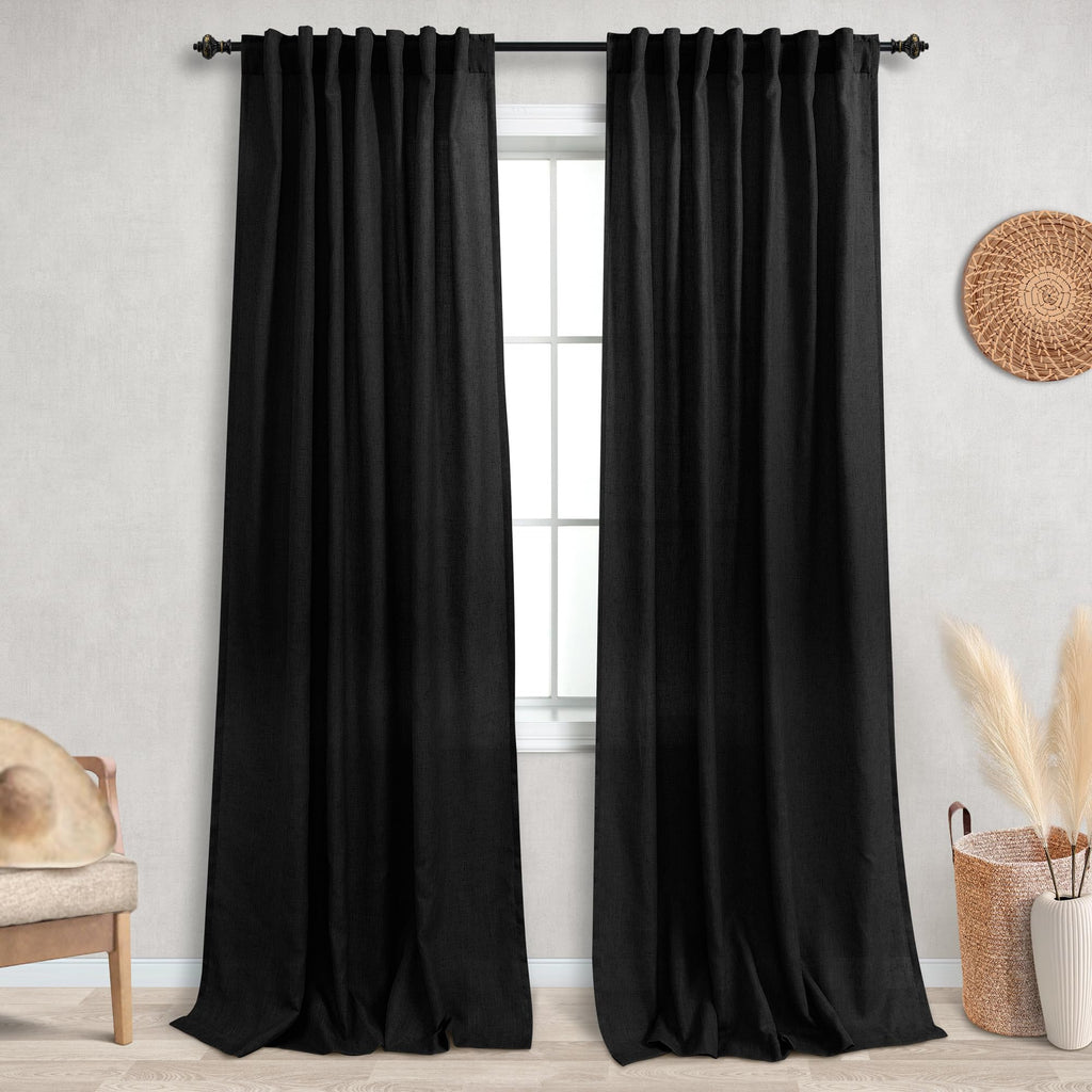 Koufall Black Back Tab Rod Pocket Linen Sheer Curtains For Living Room 52X90 Inches Long