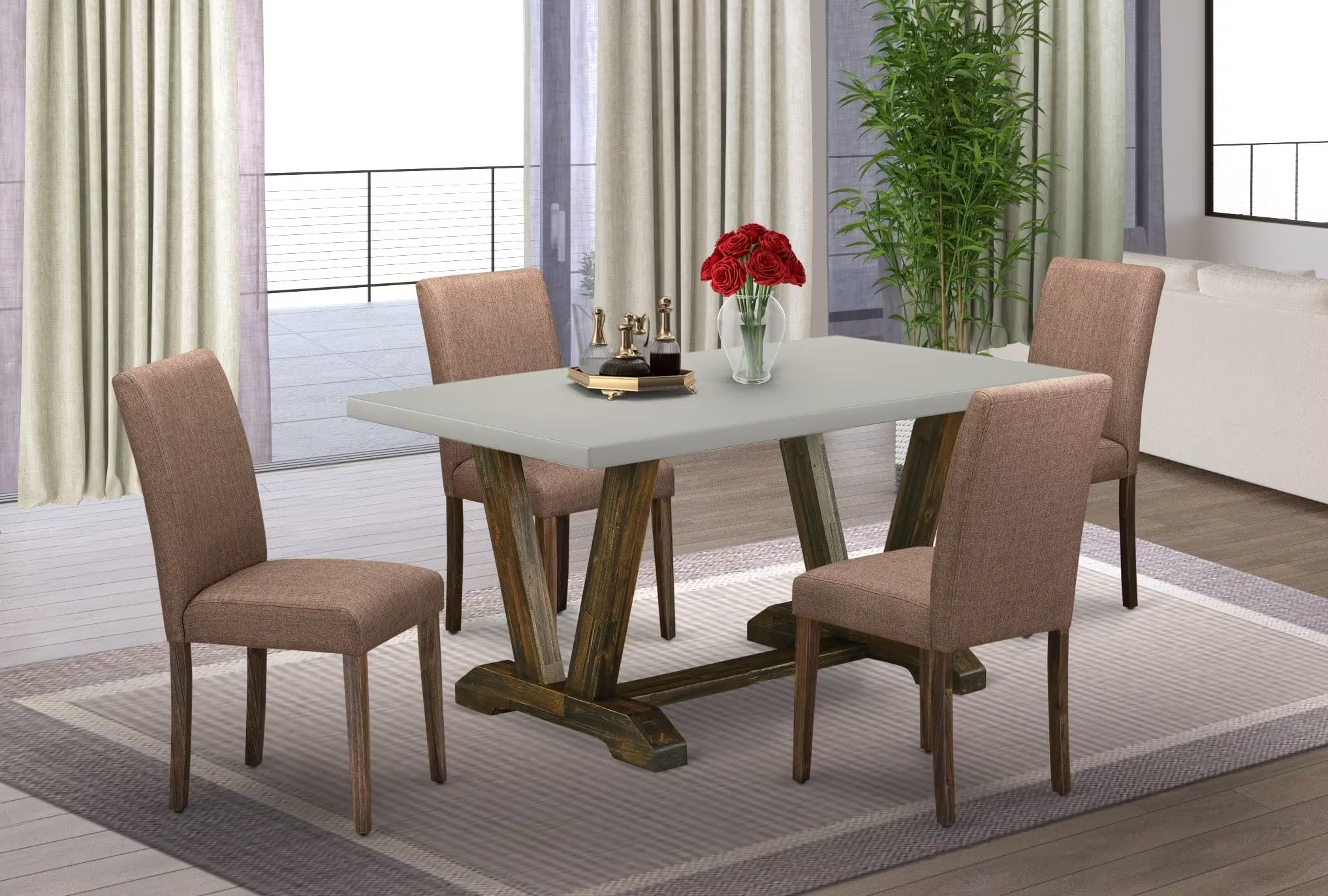East West Furniture V796Ab747-5 5 Piece Dining Set Includes A Rectangle Dining Room Table With V-Legs And 4 Light Sable Linen Fabric Upholstered Parson Chairs, 36X60 Inch, Multi-Color