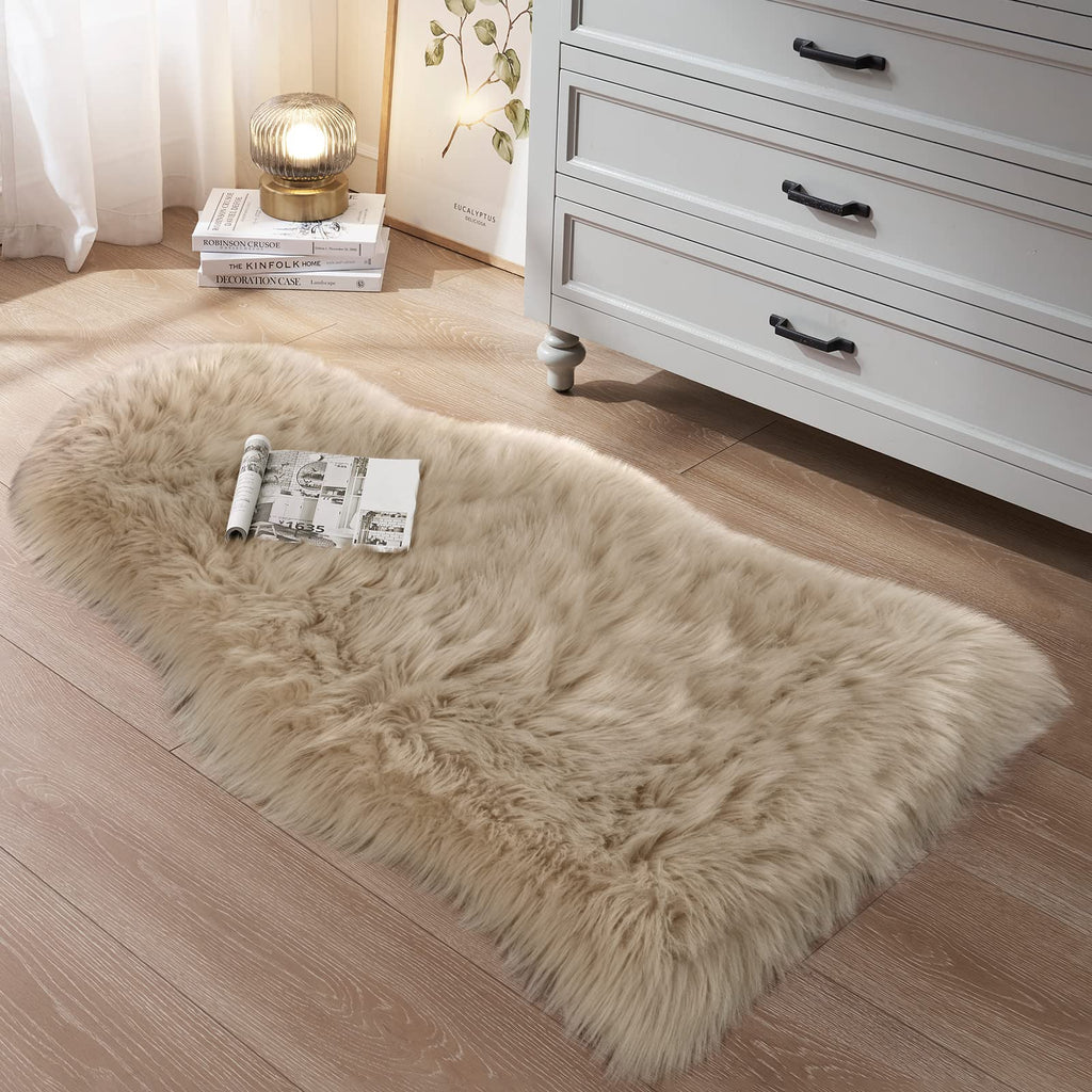 Small Faux Fur Rug 2X4 Ft Ultra Soft Sheepskin Rug Chair Sofa Cover Seat Pad, Beige Fluffy Shag Rug For Bedroom Nursery Kids Roo