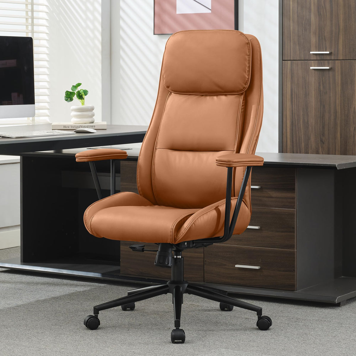 Bowthy Modern Leather Office Chair,Ergonomic Home Office Desk Chair With Lumbar Support,High Back Swivel Rolling Task Computer E