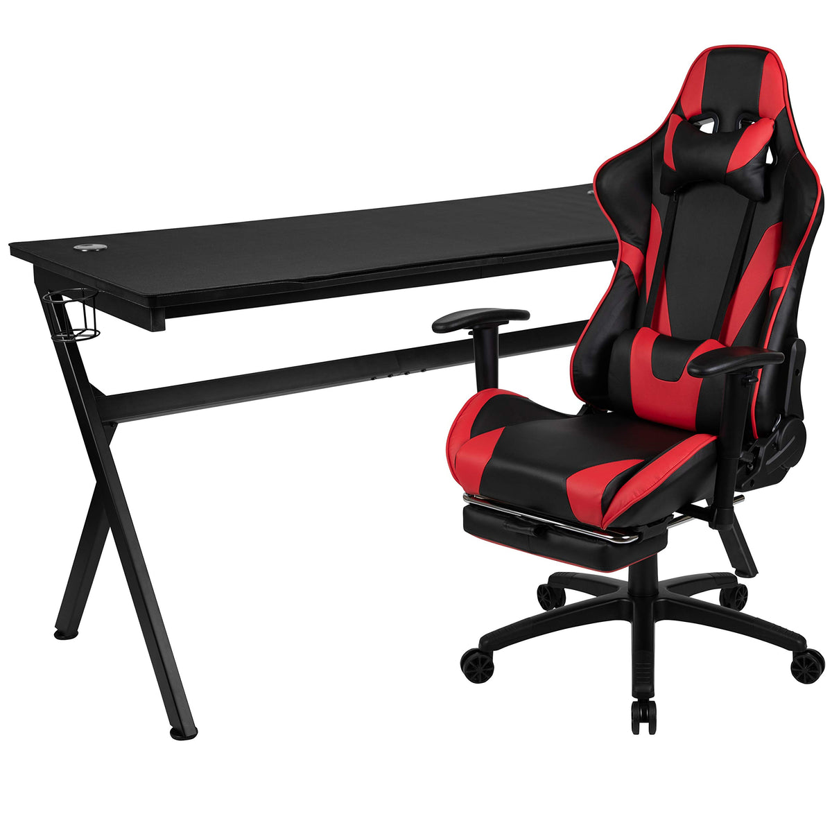 Flash Furniture Optis Gaming Desk and Red Footrest Reclining Gaming Chair Set - Cup Holder/Headphone Hook/Removable Mouse Pad Top/Wire Management