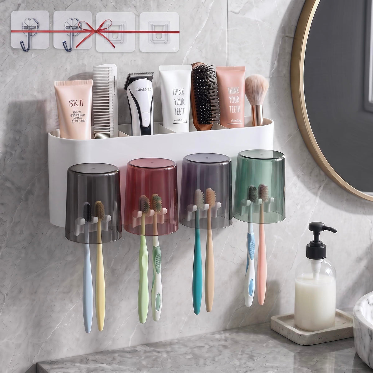 Wall Mounted Toothbrush Holder for Bathroom, Includes 2 Extra Adhesive Mounts & 2 SelfAdhesive Wall Hooks, No Drill Toothbrush 