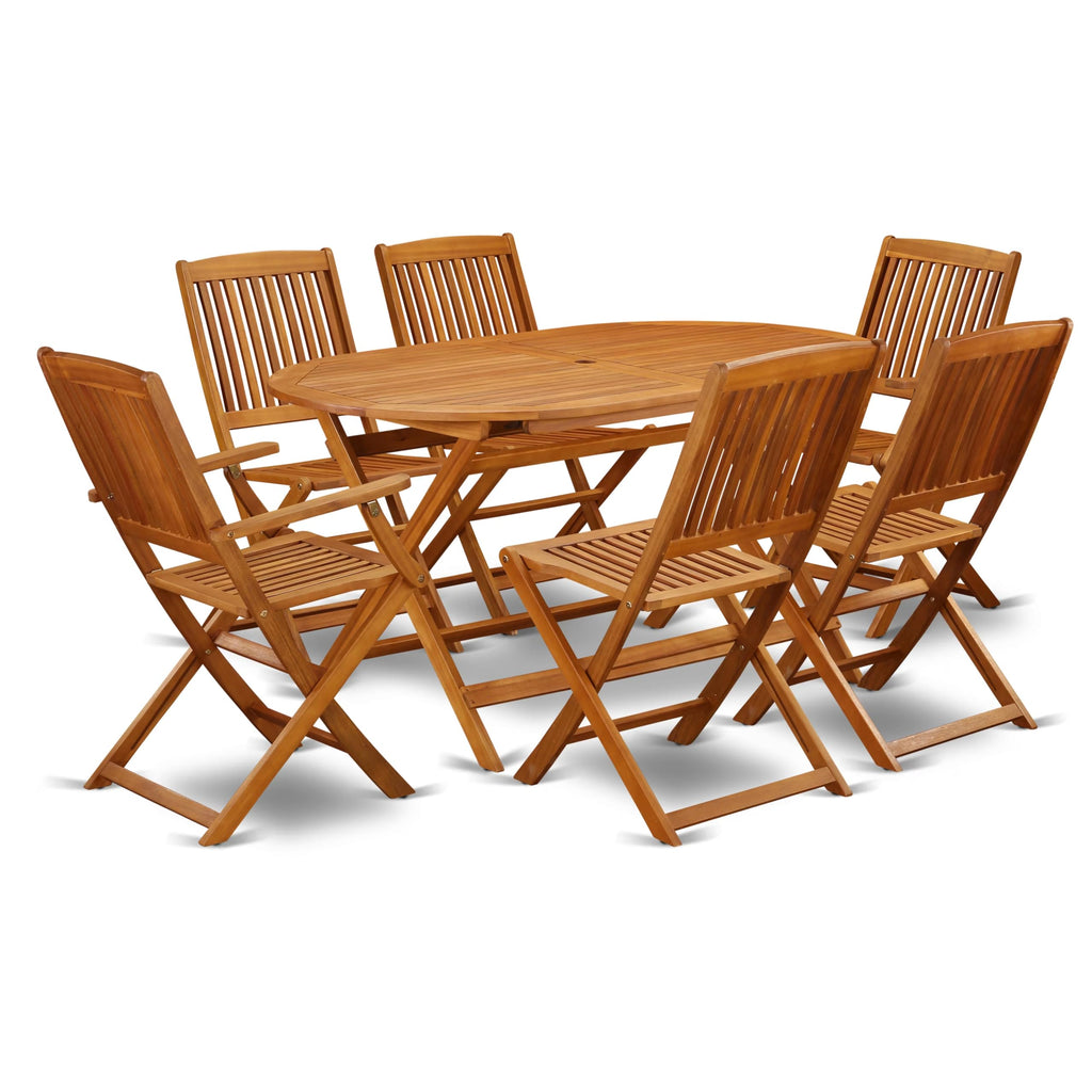 East West Furniture Dicm72Cana Diboll 7 Piece Patio Garden Set Consist Of An Oval Outdoor Acacia Wood Dining Table And 2 Folding Arm 4 Side Chairs, 36X60 Inch, Natural Oil