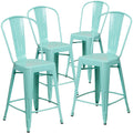 4 Pk. 24 High Mint Green Metal Indoor-Outdoor Counter Height Stool with Back