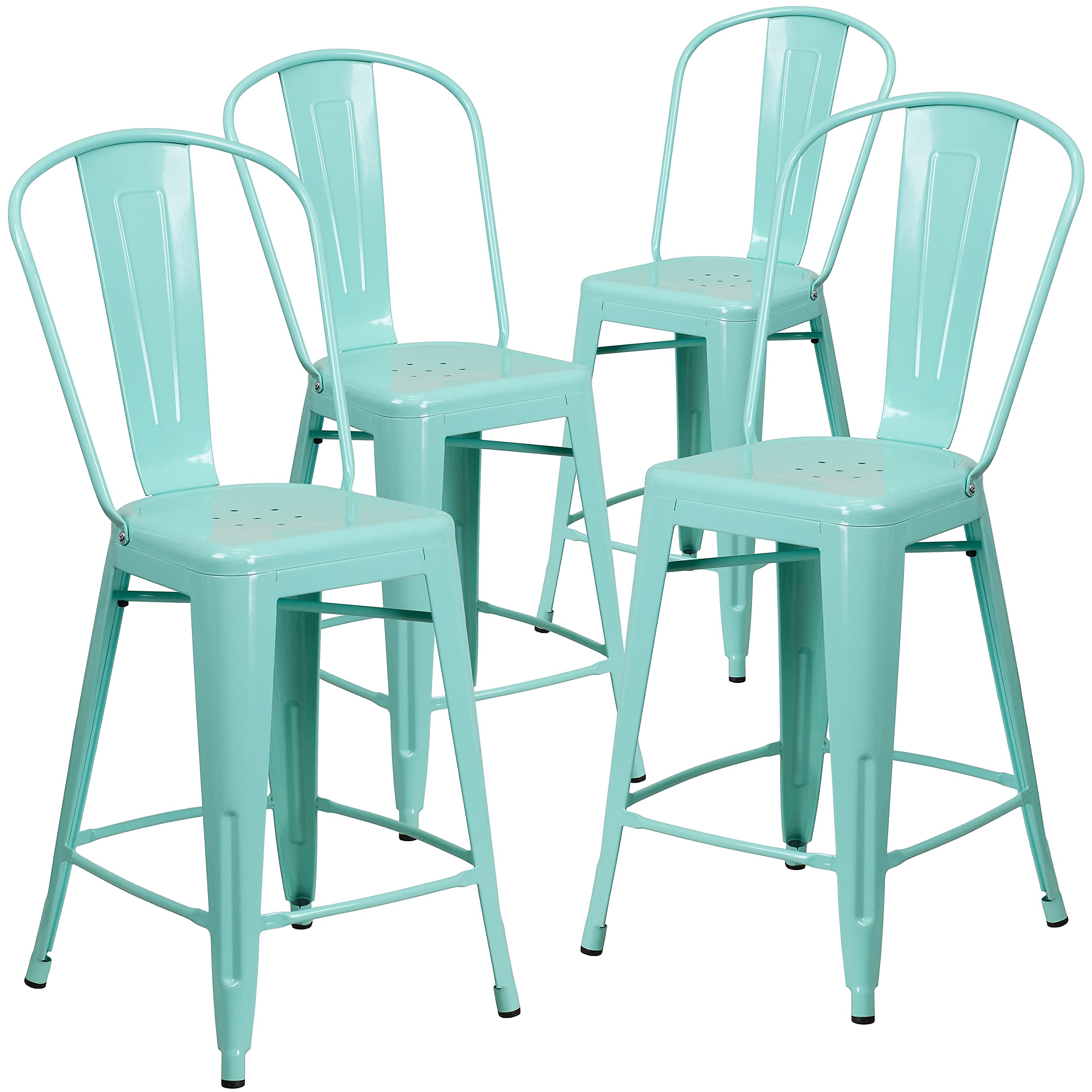 4 Pk. 24 High Mint Green Metal Indoor-Outdoor Counter Height Stool with Back