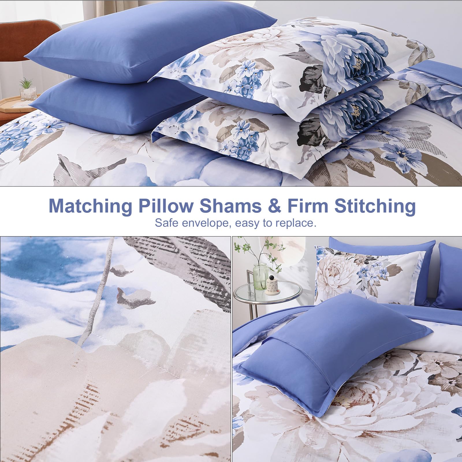 Dintszyayue Floral Comforter Set King 7 Pieces Blue Bed In A Bag Elegant Flower Bedding Sets Lightweight Complete Bed Comforter