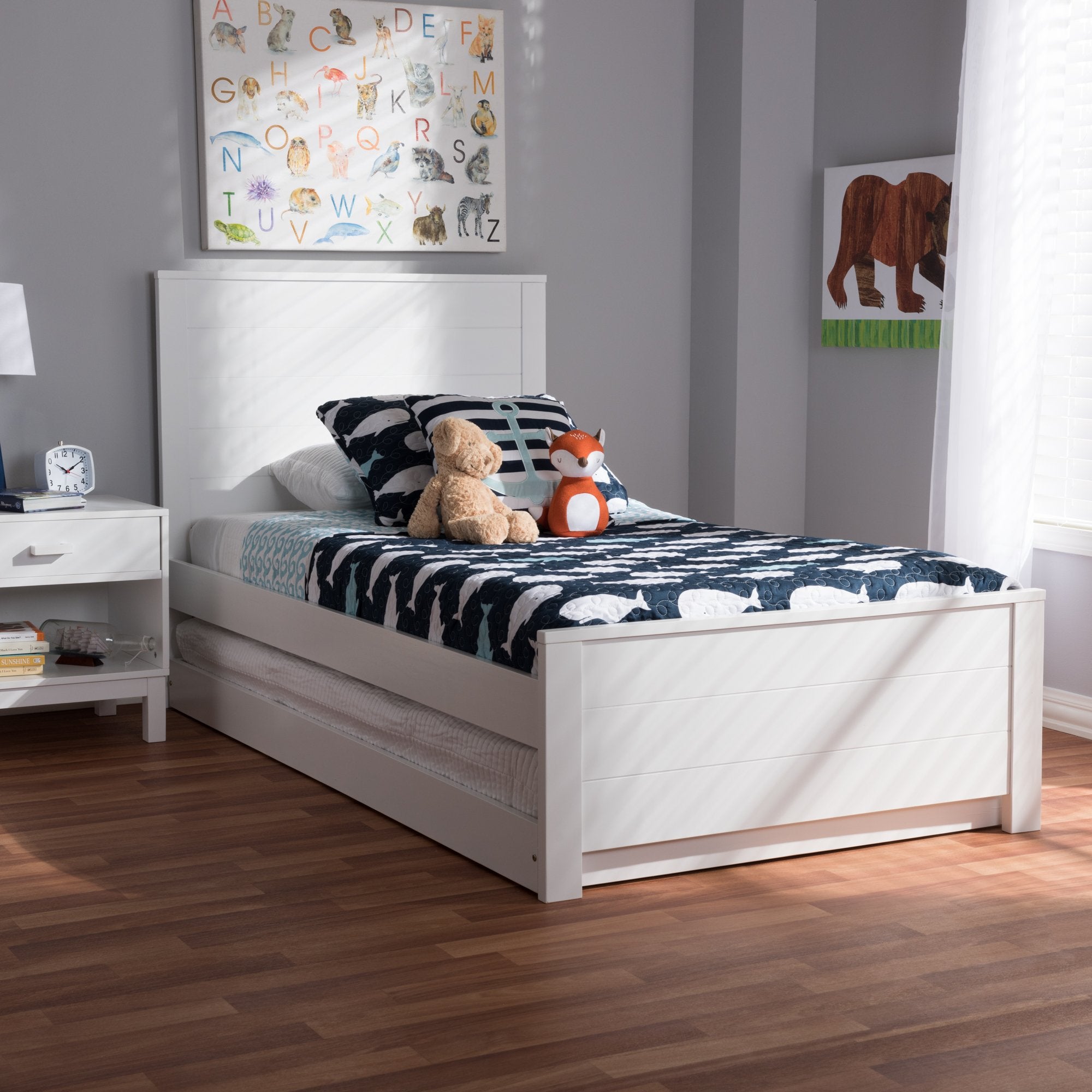 Baxton Studio Catalina Modern Classic Mission Style White-Finished Wood Twin Platform Bed with Trundle White/Twin//Dark Wood/Mission/Rubber Wood/Poplar/LVL