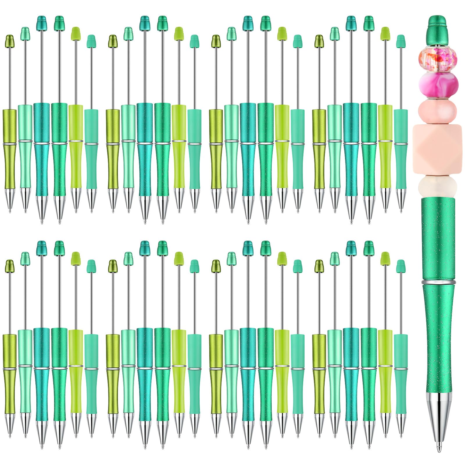 Kosiz 60 Pieces Plastic Beadable Pen Beaded Black Ink Ballpoint Pens For Kids Students Presents Office School Supplies(Green Ser