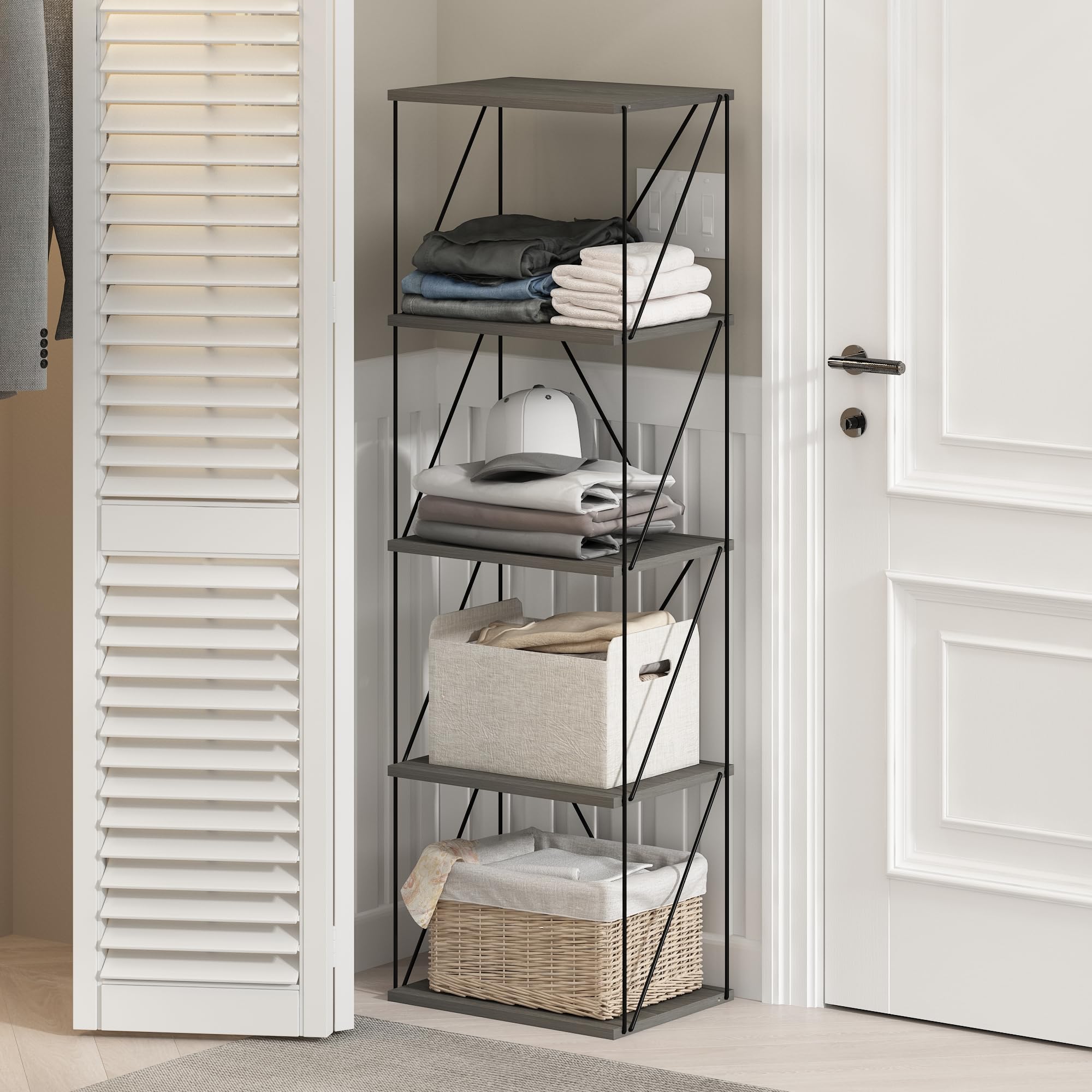 Furinno Rata 5-Tier Industrial Multipurpose Flat Base Shelf Display Rack with Metal Frame, Narrow, French Oak Grey