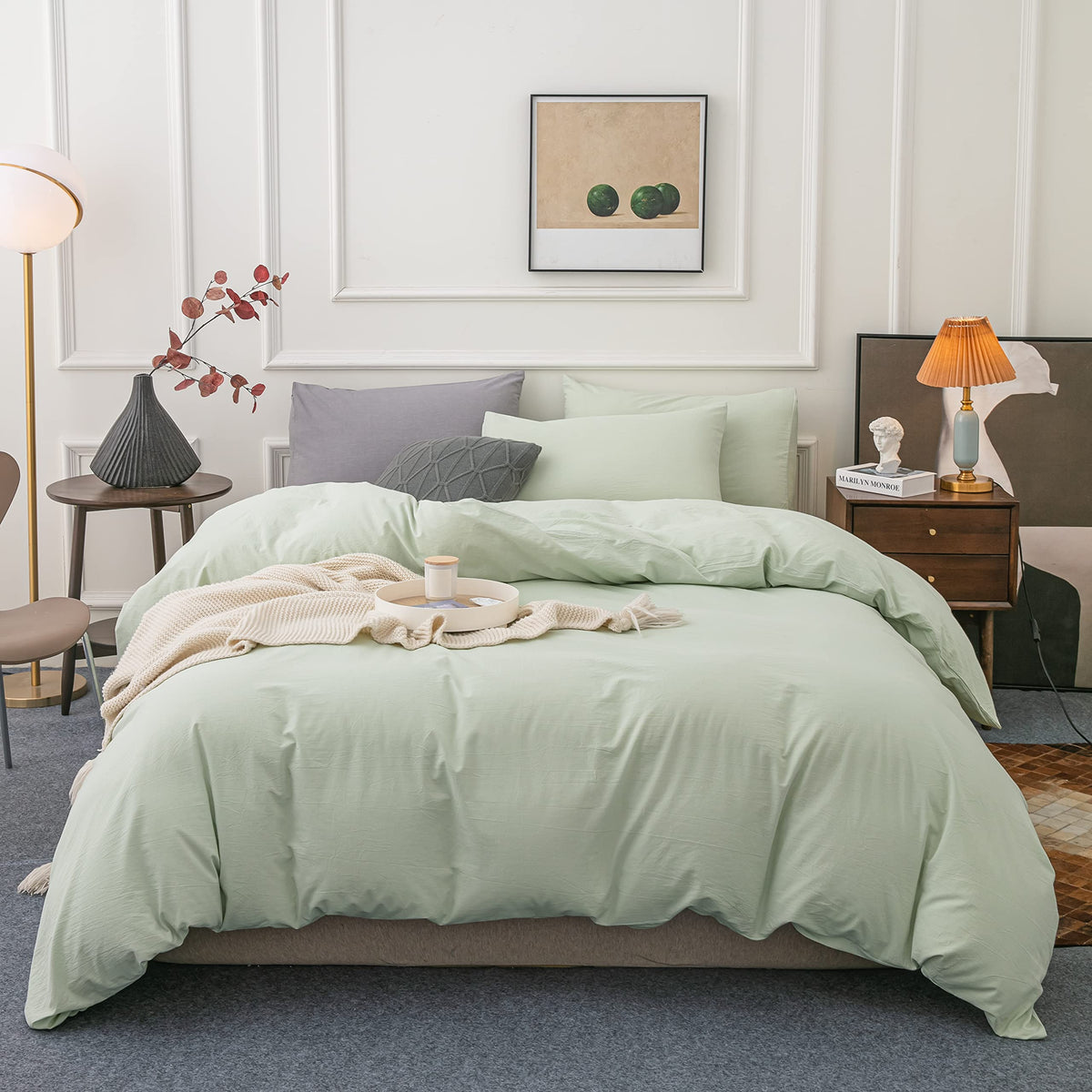 Janlive Washed Cotton Duvet Cover King Ultra Soft 100% Cotton Solid Color Light Apple Green Duvet Cover Set With Zipper Closure
