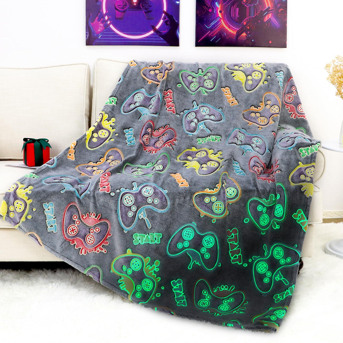 Ohoit Glow In The Dark Game Controller Blanket Gamer Gifts Toys For Kids Boys Boyfriend Gaming Gamepad Presents Birthday Christm