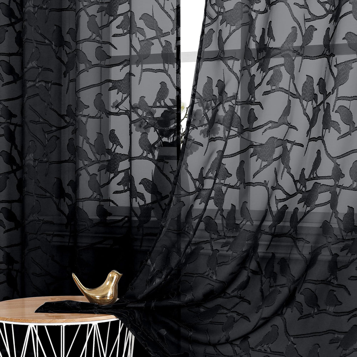 Ovzme Textured Black Sheer Curtains 84 Inch Length 2 Panels Set For Living Room, Anji Bird Semi Voile Balance Privacy & Light Ro