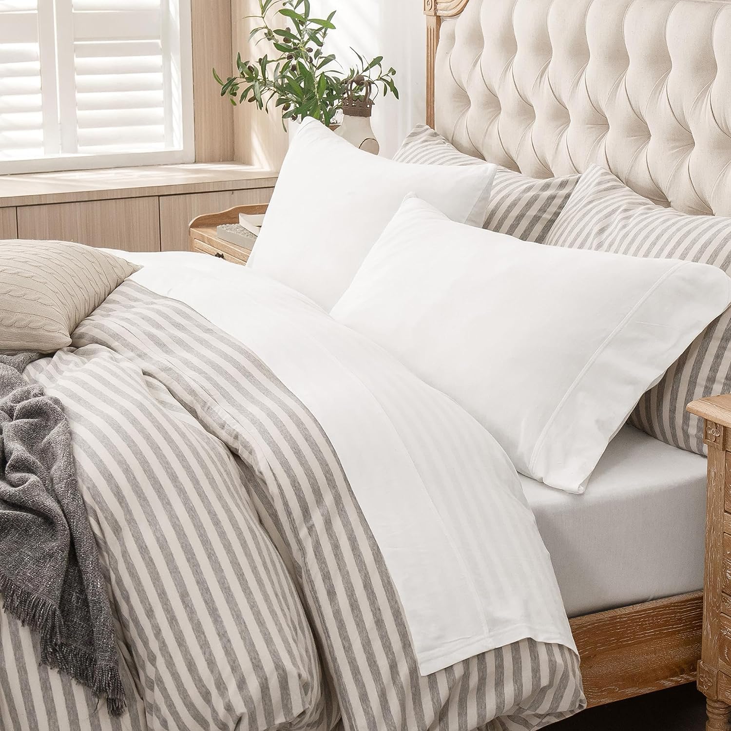 PURE ERA Jersey Knit 3pc Bed Sheet Set 100% T-Shirt Cotton Super Soft Comfy Breathable Fits Mattress Up to 20  Extra Deep Pocket