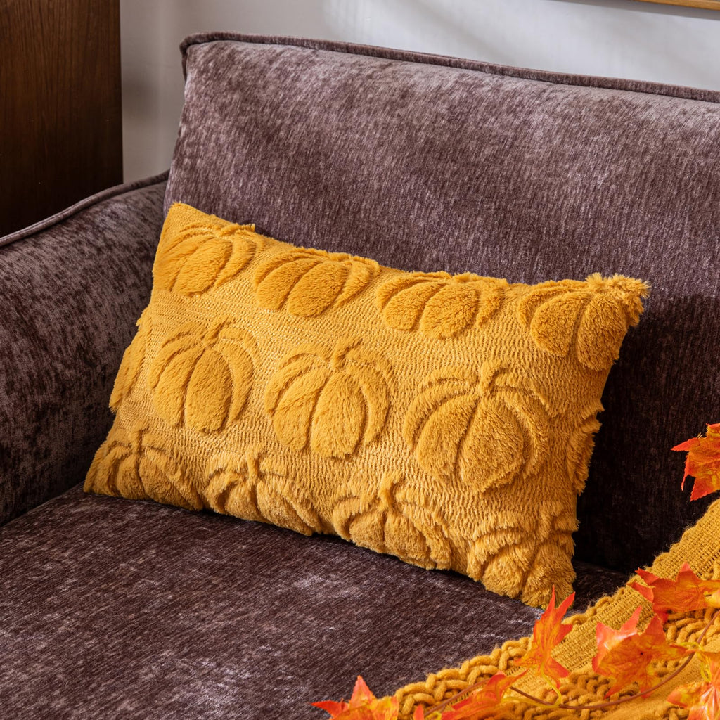 Cosibono Pumpkin Fall Decorative Throw Pillow Covers 12'X20', Set Of 2 Mustard Yellow Soft Faux Fur Pillow Covers For Autumn H