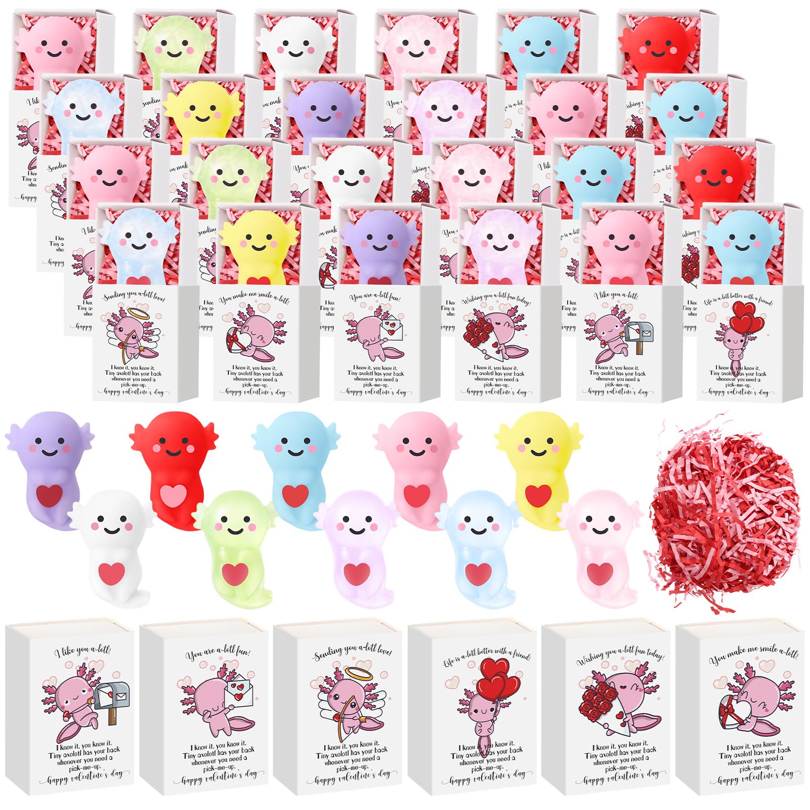 Wettarn 30 Sets Axolotl Valentines Gifts Cute Stress Balls with Support Gift Boxes for Friends Classroom School Office Goodie Ba