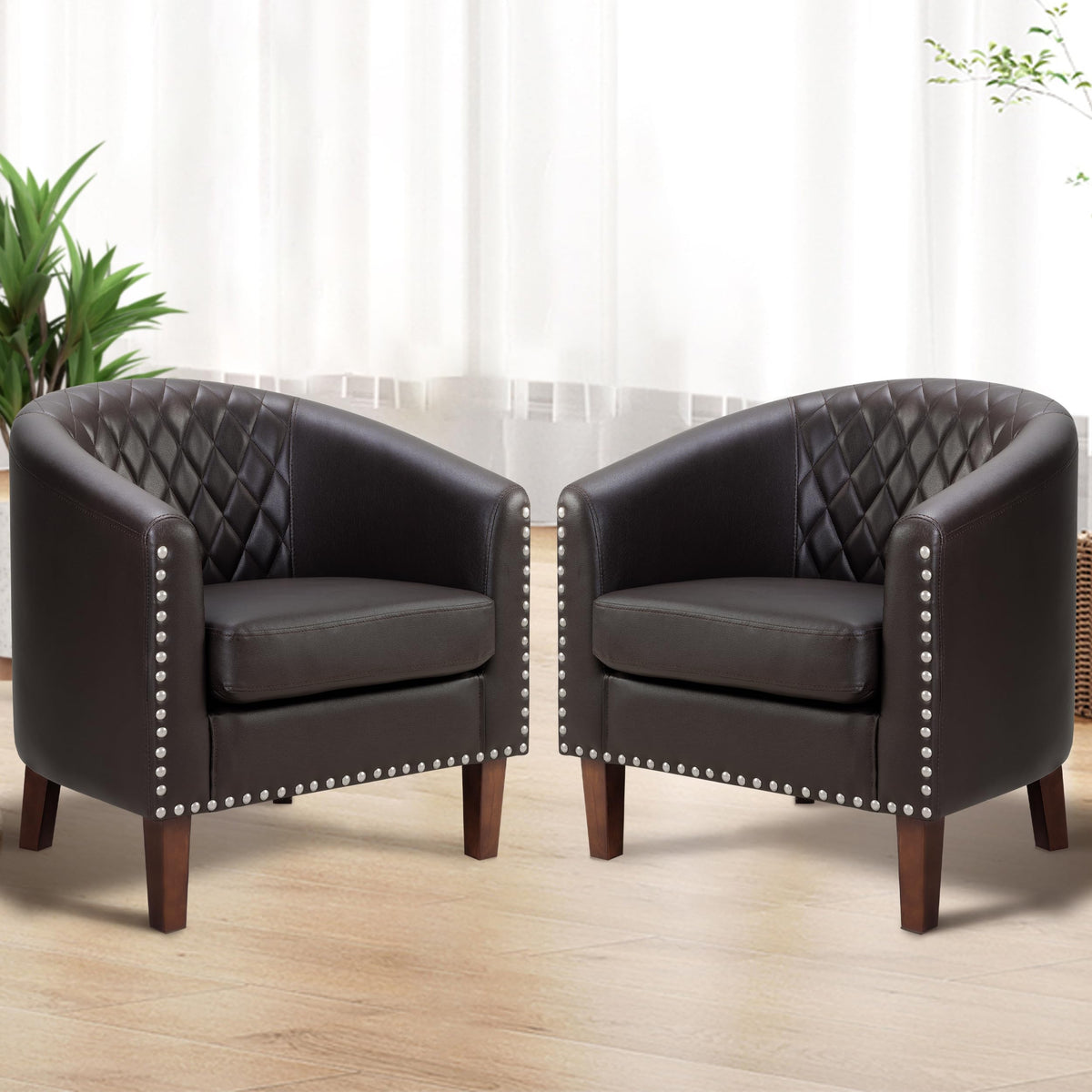 Primezone Barrel Chair Set Of 2, Comfy Accent Chair, Faux Leather Living Room Chairs Club Chair With Cushion, Nailhead Trim And