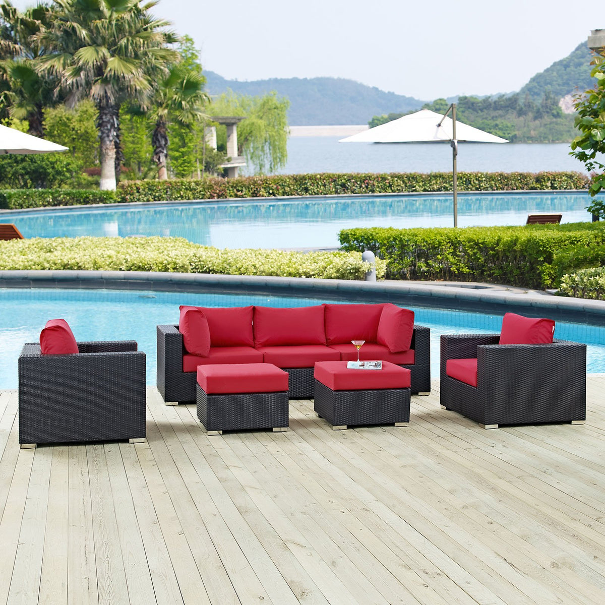 Modway Convene Collection 7-Piece Outdoor Patio Sectional Set In Espresso Red