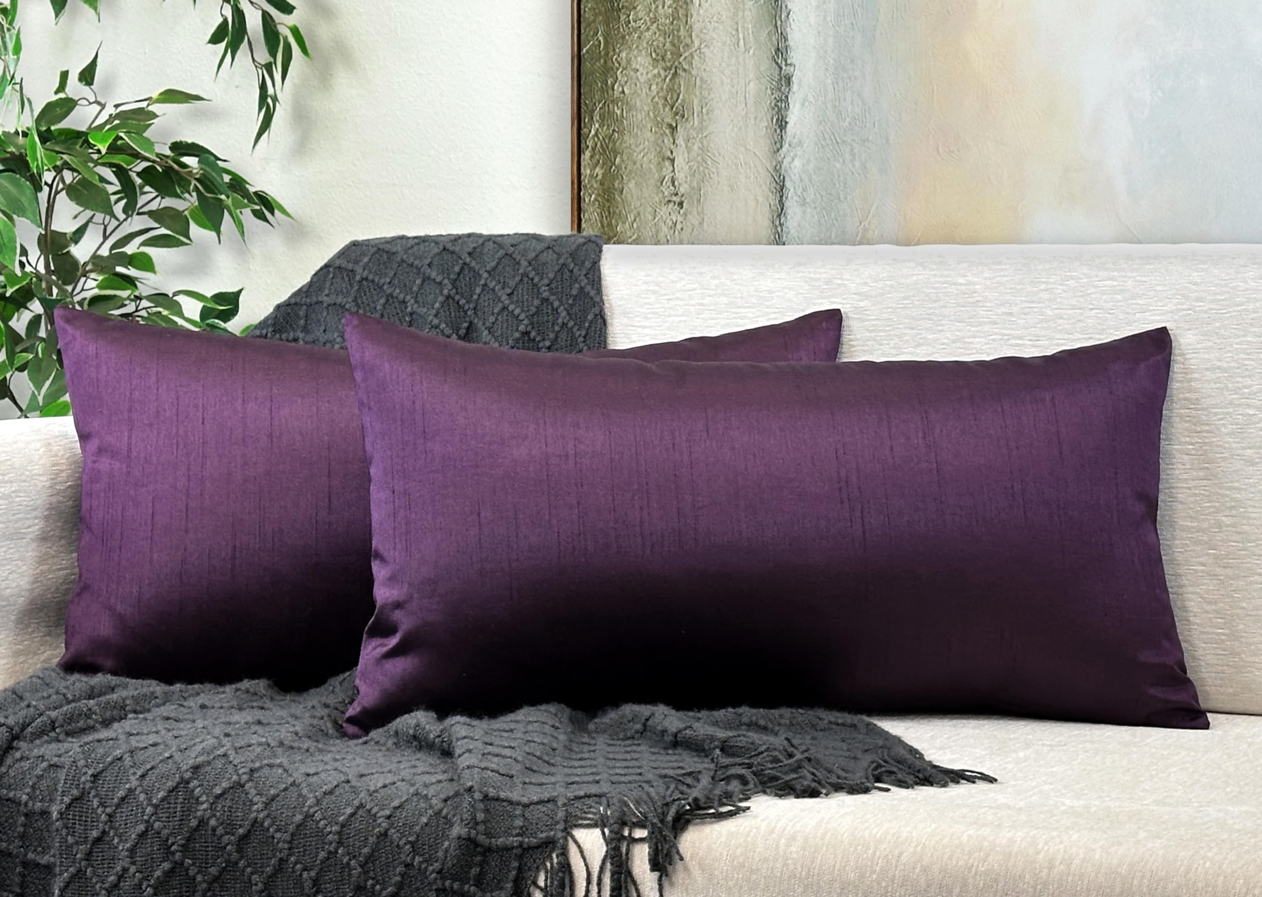Aiking Home 12X24 Inches Faux Silk Rectangular Throw Pillow Cover, Zipper Closure, Eggplant (Set Of 2)