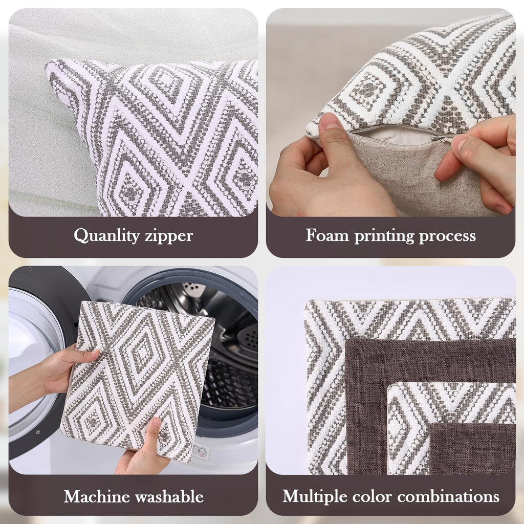 Hpuk Decorative Throw Pillow Covers Set Of 4 Dark Gray Geometric Design Linen Cushion Cover For Couch Sofa Living Room, 18'X18', Natural