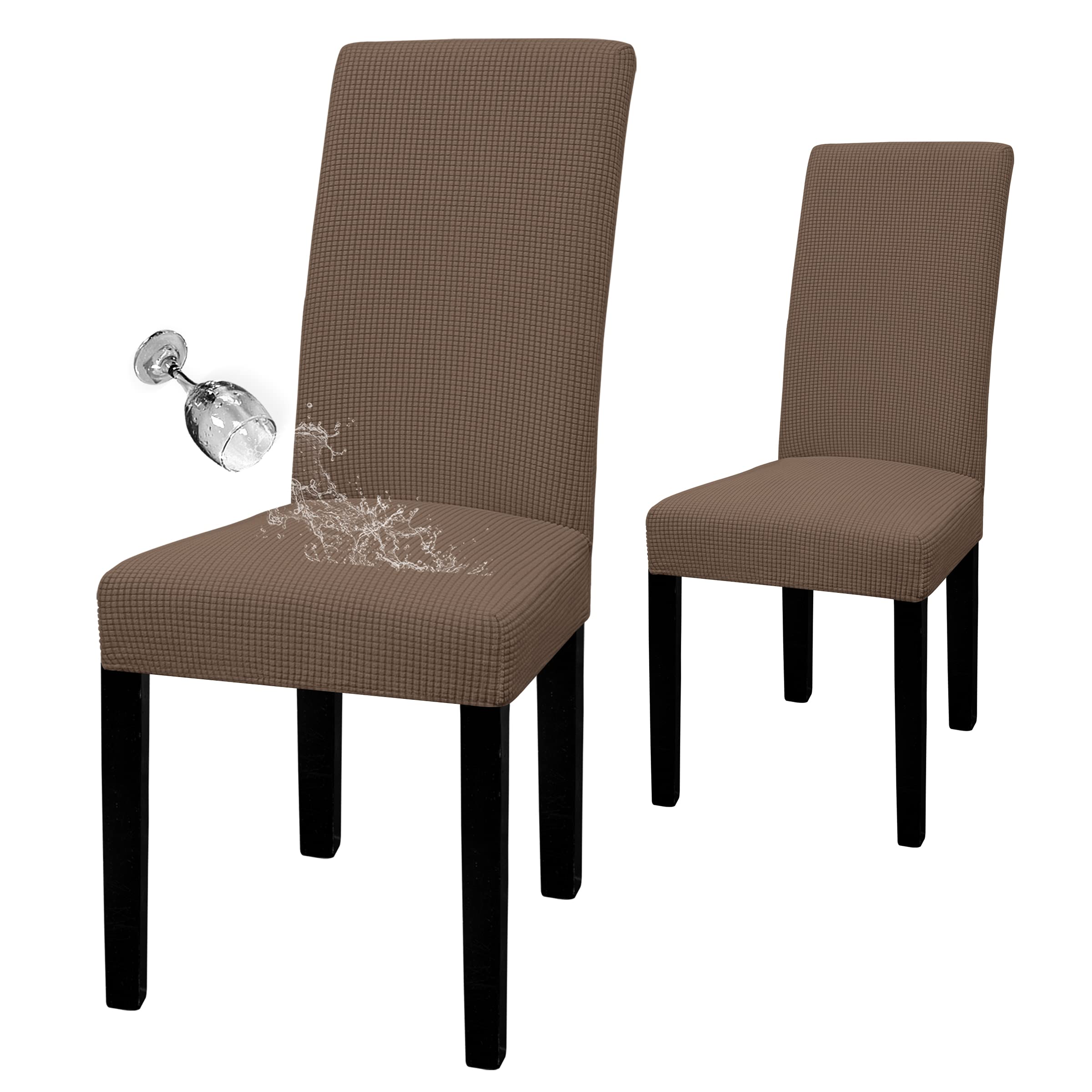 Easy-Going 100% Waterproof Dining Room Chair Cover Set Of 2, Stretch Jacquard Parson Chair Slipcover Removable Washable Chair Protector For Home, Restaurant, Banquet (Large, Brown)