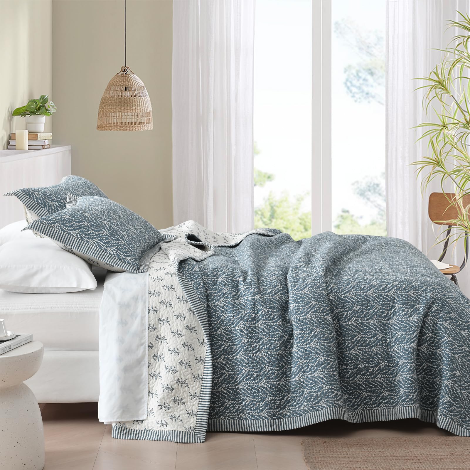 Sahsahcasa Quilt Set King Size, 100% Cotton Quilt Bedding Set Bedspread, Botanical Pattern Solid Color Chic Lightweight Quilted