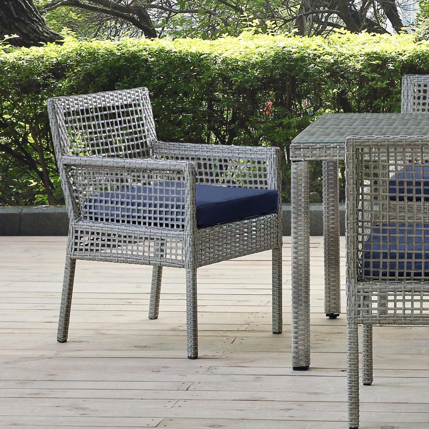 Modway Aura Wicker Rattan Outdoor Patio Dining Arm Chair With Cushion In Gray Navy