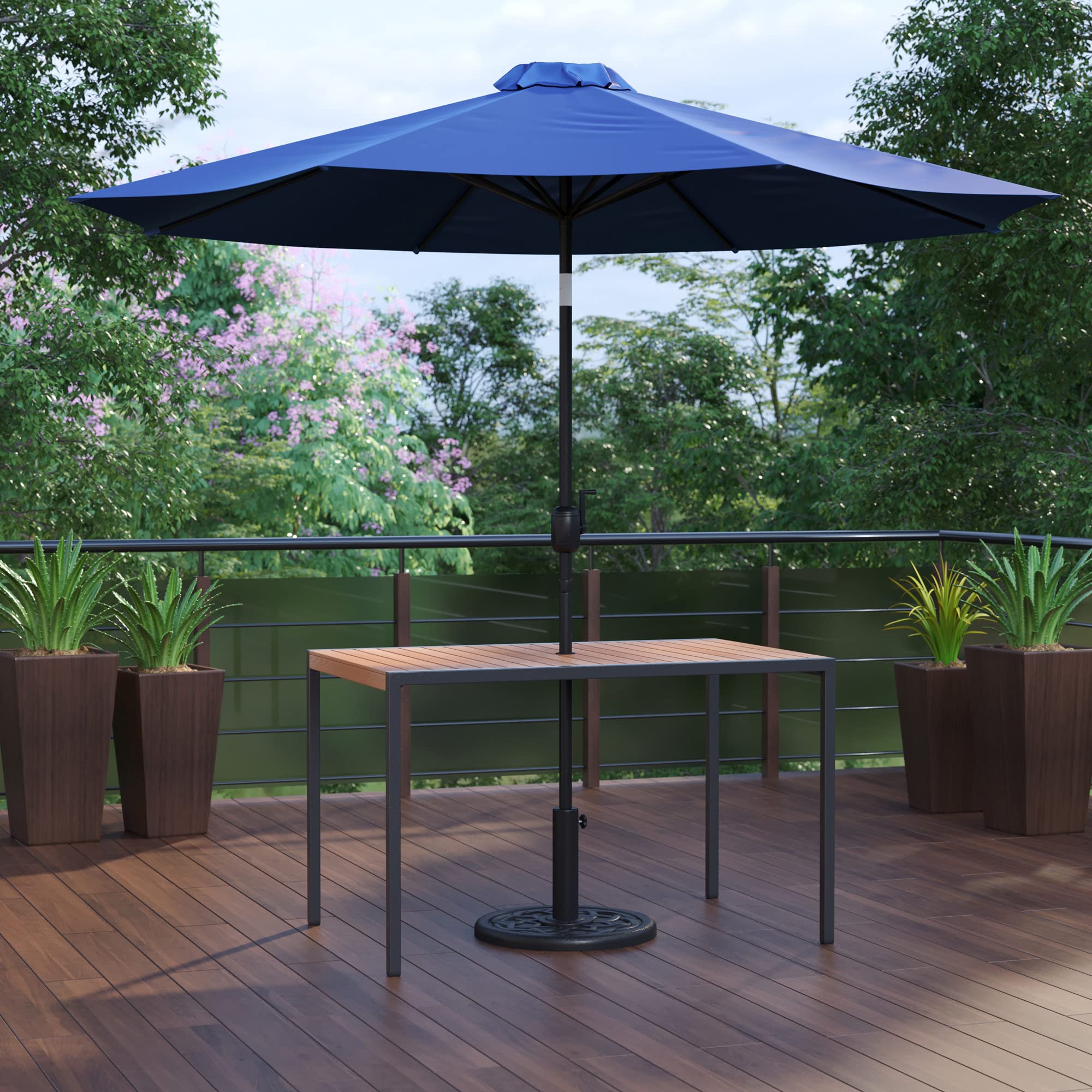 Flash Furniture Lark 3 Piece Outdoor Patio Table Set - Natural Faux Teak Dining Table - 30&quot; x 48&quot; Synthetic Teak Patio Table with Navy Umbrella and Base