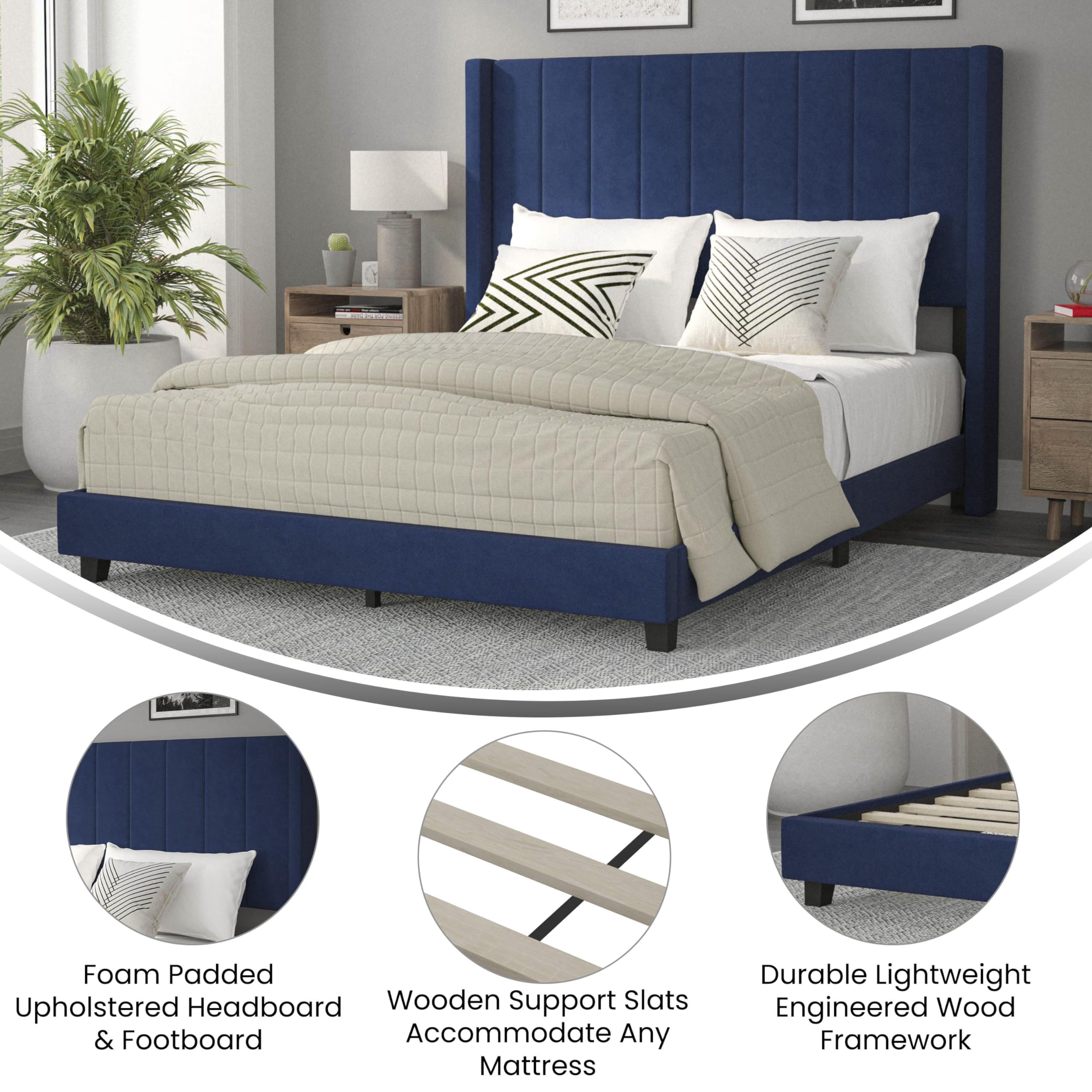 Flash Furniture Bianca Upholstered Platform Bed - Navy Velvet Upholstery - Queen - Wingback Headboard - Slatted Mattress Foundation - No Box Spring Needed