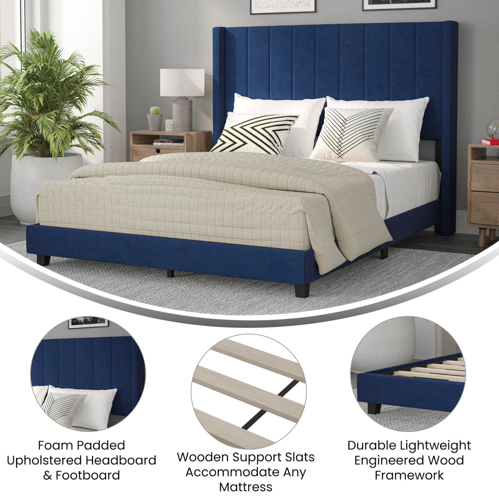 Flash Furniture Bianca Upholstered Platform Bed - Navy Velvet Upholstery - Queen - Wingback Headboard - Slatted Mattress Foundation - No Box Spring Needed