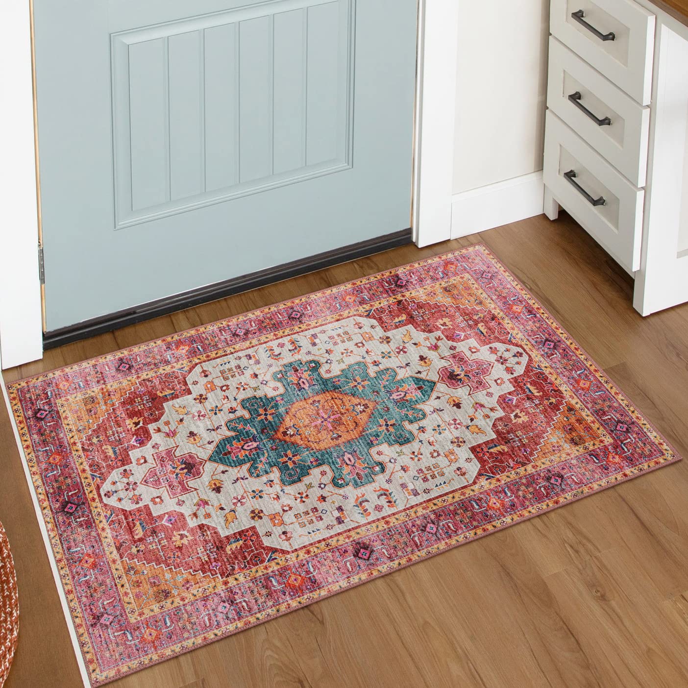 Moynesa Ultra-Thin Washable Pink Area Rug - 2x3 Small Pink Washable Bedroom Rug Entry Mat, Vintage Non-Slip Non-Shedding Low Pil