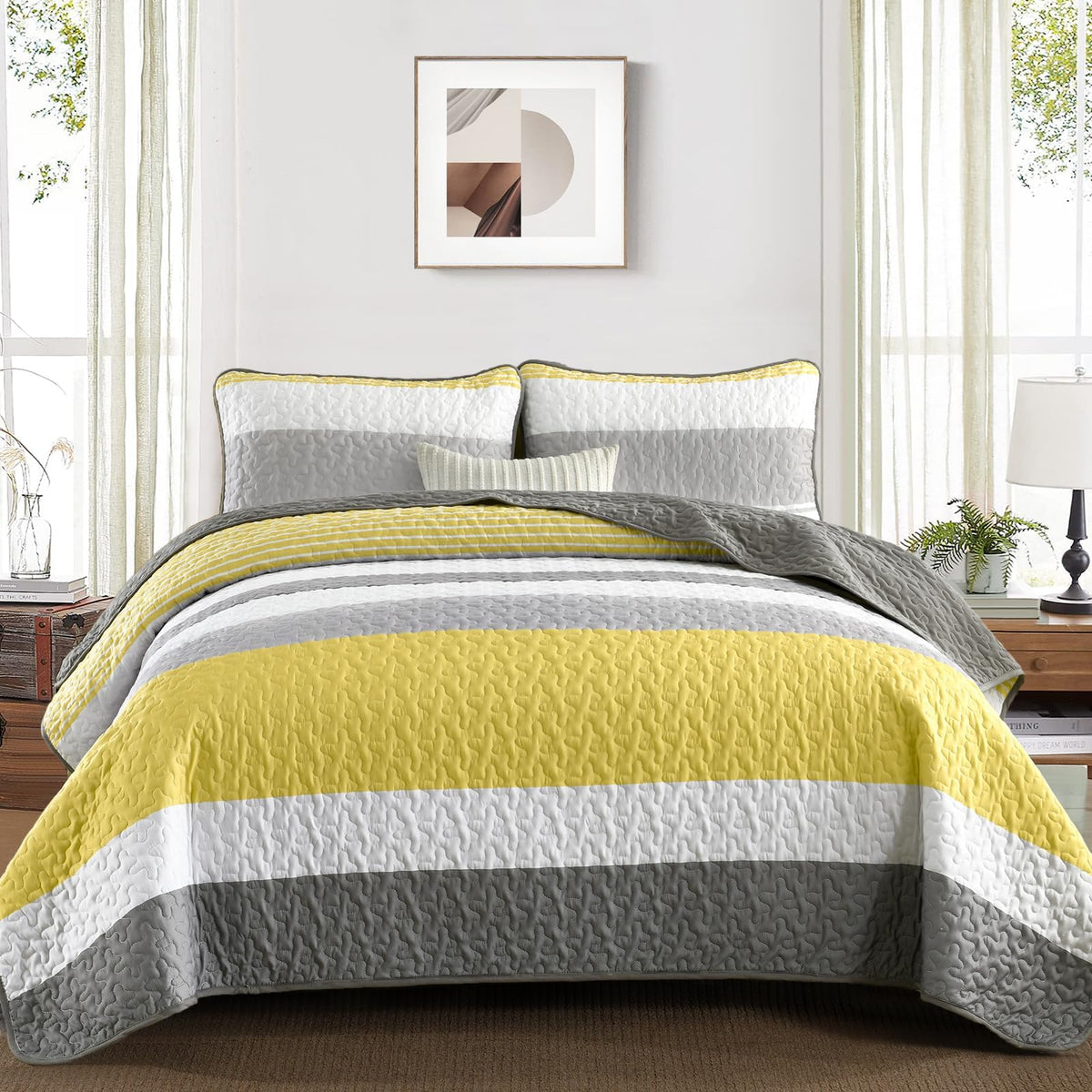 Dinjoy Striped Boho Quilt Set Queen,Yellow Quilt Bedding Sets Bedspreads Queen 3 Pieces Micofiber Lightweight Farmhouse Coverlet