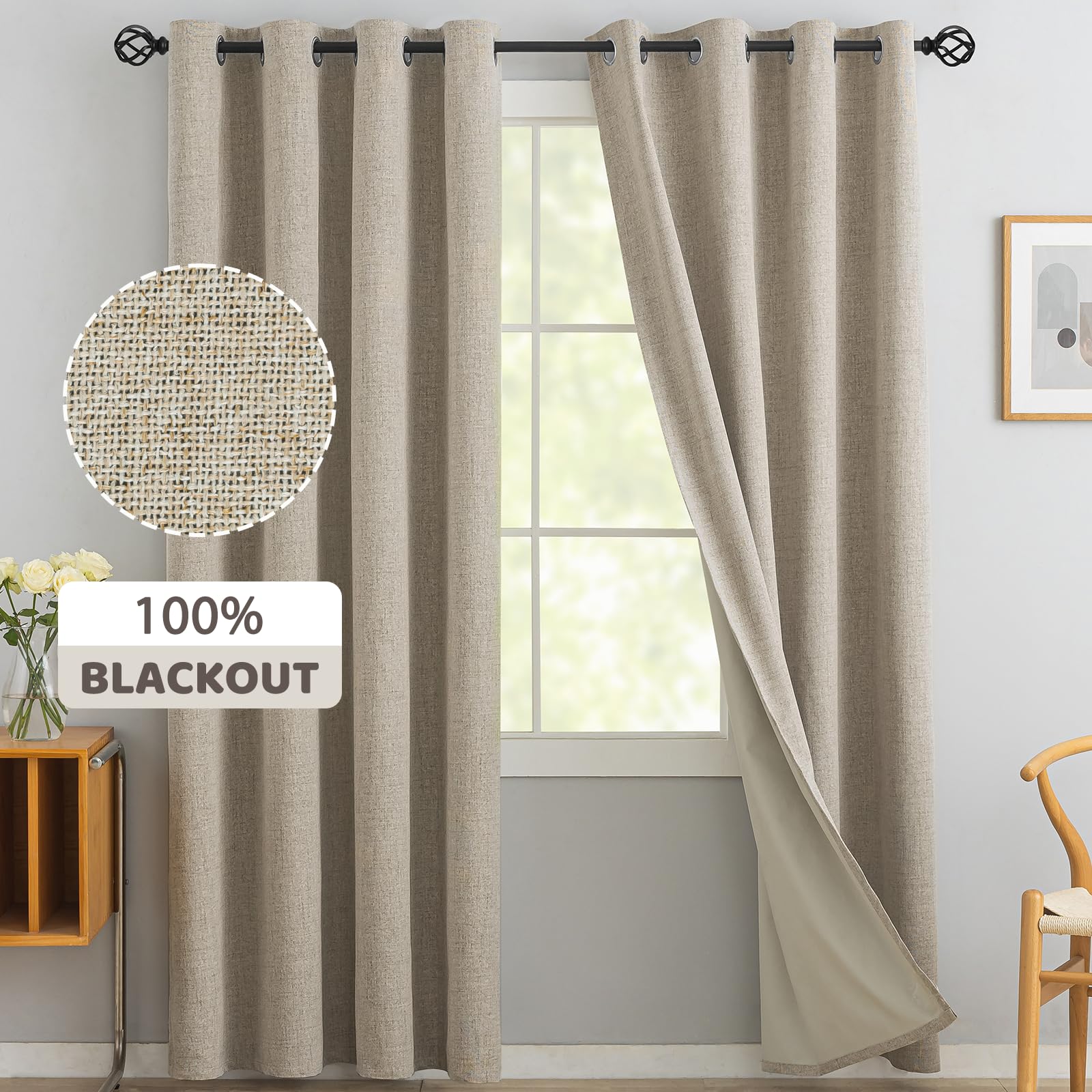 Yakamok Natural Linen Curtains 100% Blackout 84 Inches Long,Room Darkening Textured Curtains for Living Room Thermal Grommet Bed