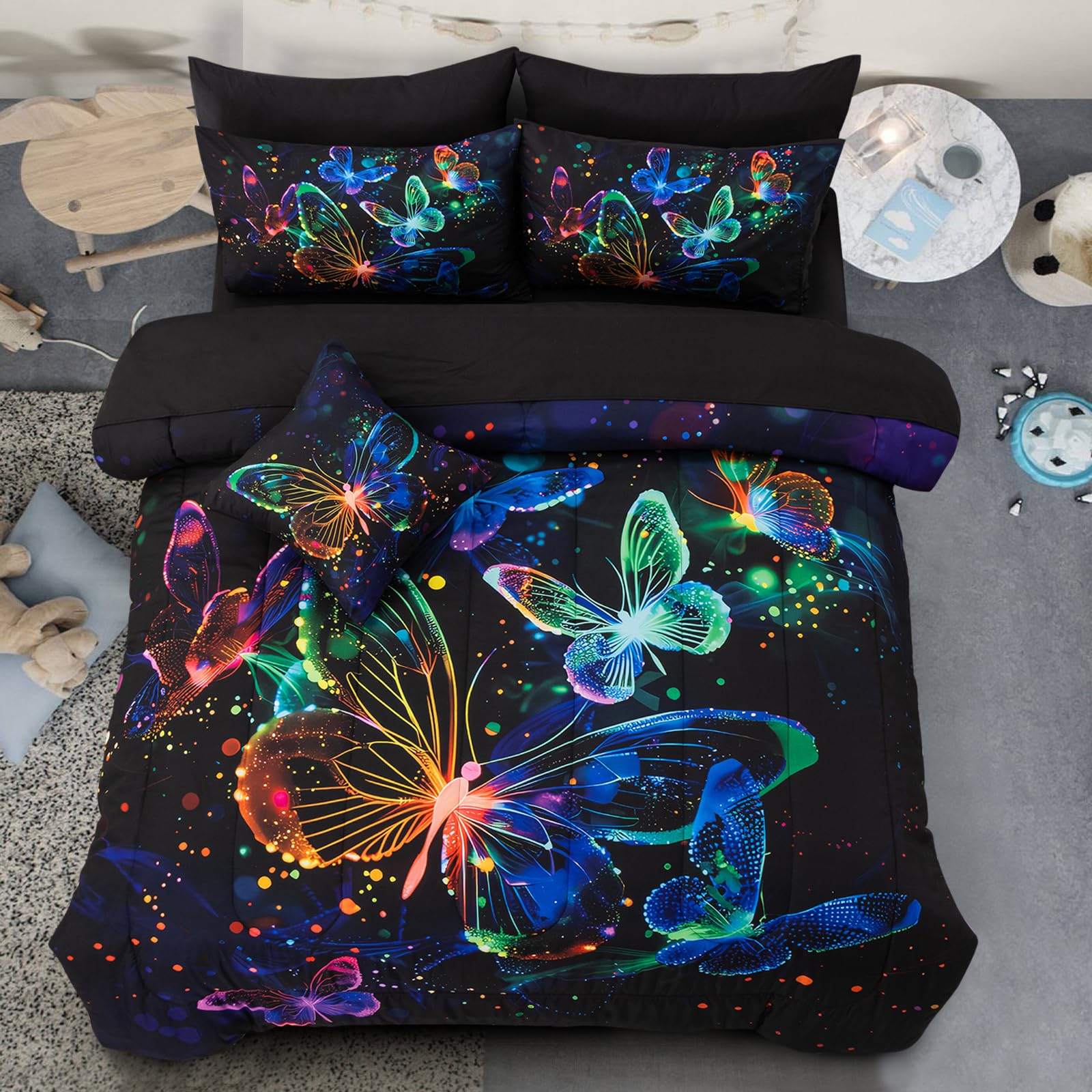 A Nice Night Galaxy Bedding Sets,3D Butterfly Flying in Space Printed,Glitter Butterflies 6pcs Bed in a Bag Queen Comforter Set,