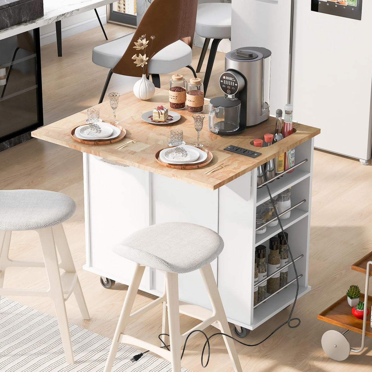Lumisol Rolling Kitchen Cart With Drop Leaf And Wine Rack, Kitchen Island On Wheels With Power Outlet, For Home Kitchen And Dini
