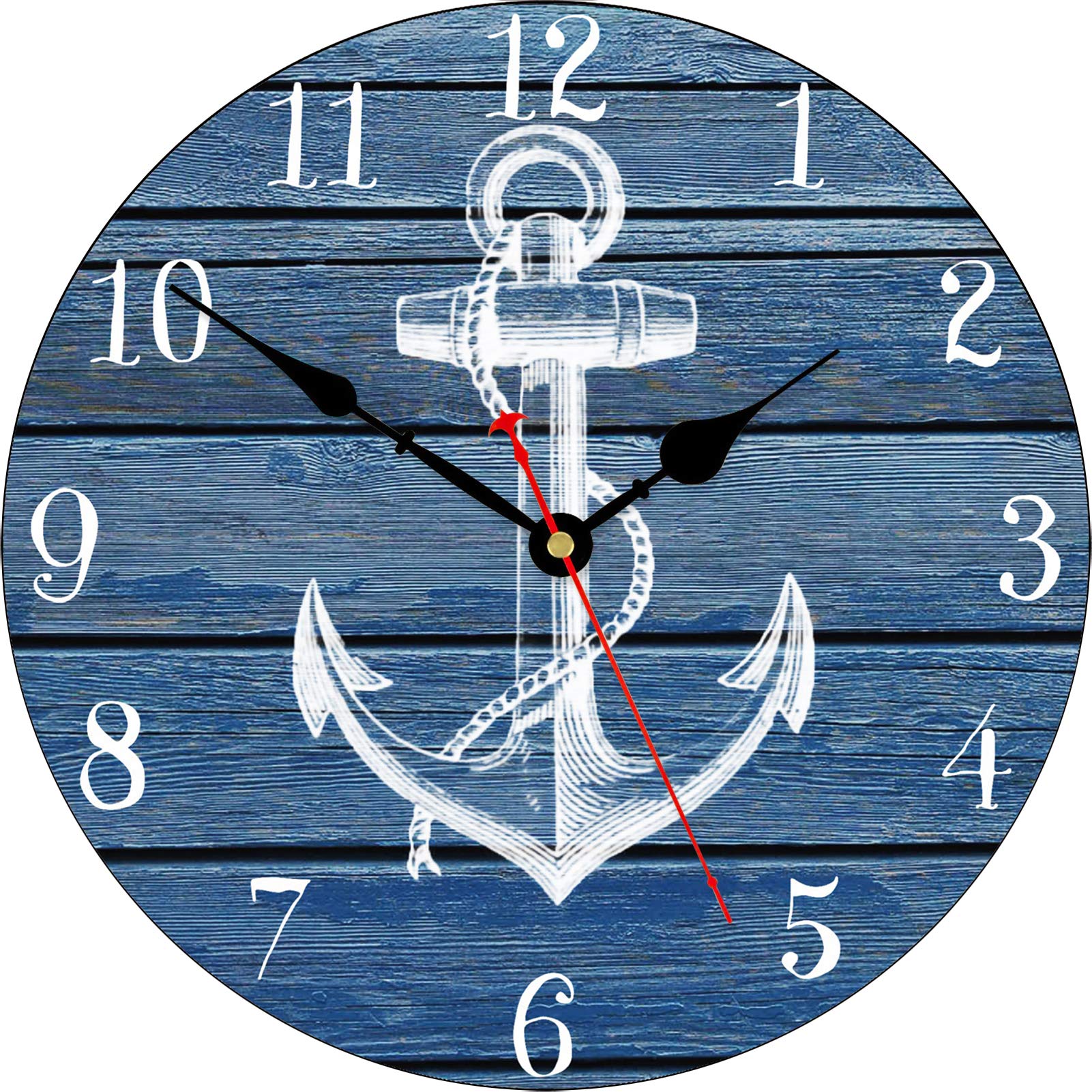 TAHEAT 14 Inch White Anchor Pattern Wall Clock, Non Ticking Silent Clocks, Nautical Retro Wooden Arabic Numeral Clocks, Easy to 