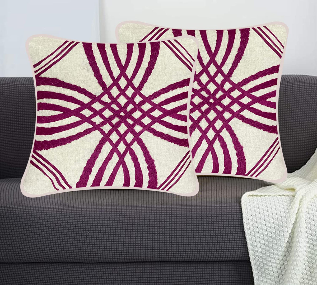 Sajavat Home Sh_1045 Cotton Geometric Stripe Embroidery Cushion Cover (Pack Of 2, Pair) 18X18 Inches/45.7X45.7Cm Magenta Pink &