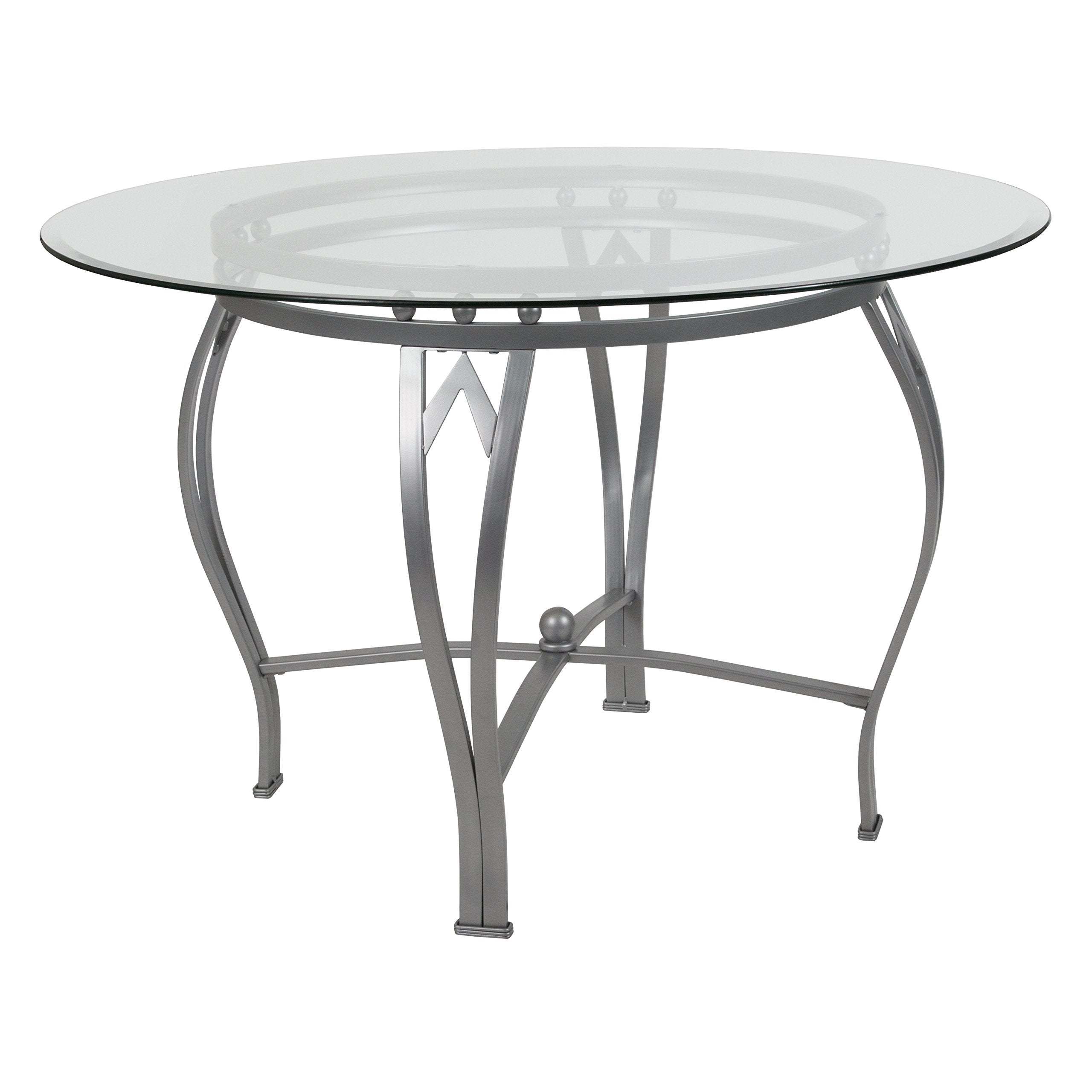 Flash Furniture Syracuse 45'' Round Tempered Glass Dining Table With Flared Leg Silver Metal Frame