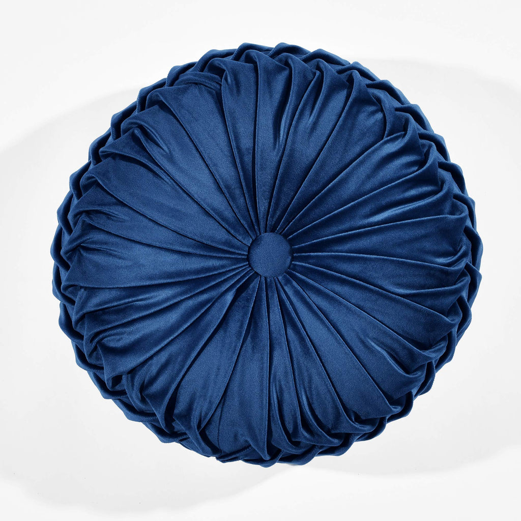 Lush Decor Round Pleated Soft Velvet Decorative Throw Pillow, 1 Count, 15'' Diameter, Navy - Blue Plush Round Pillow, Seat Cushi