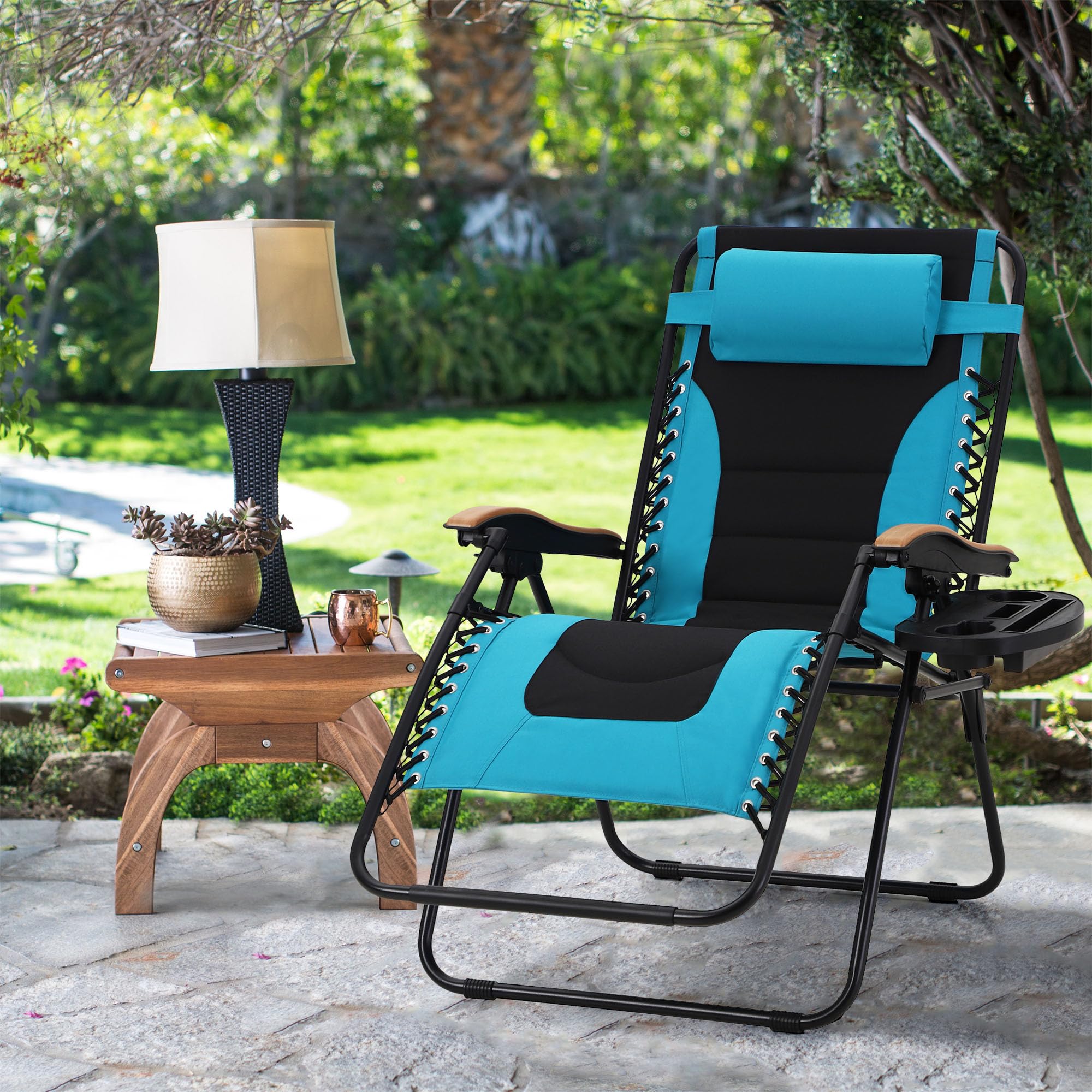 Maison Arts Oversize Xl Padded Zero Gravity Lawn Chair Anti Gravity Lounge Chair Adjustable Recliner W/Pillow & Cup Holder Outdoor Camp Chair For Poolside Backyard Beach, Support 400Lbs, Peacock Blue