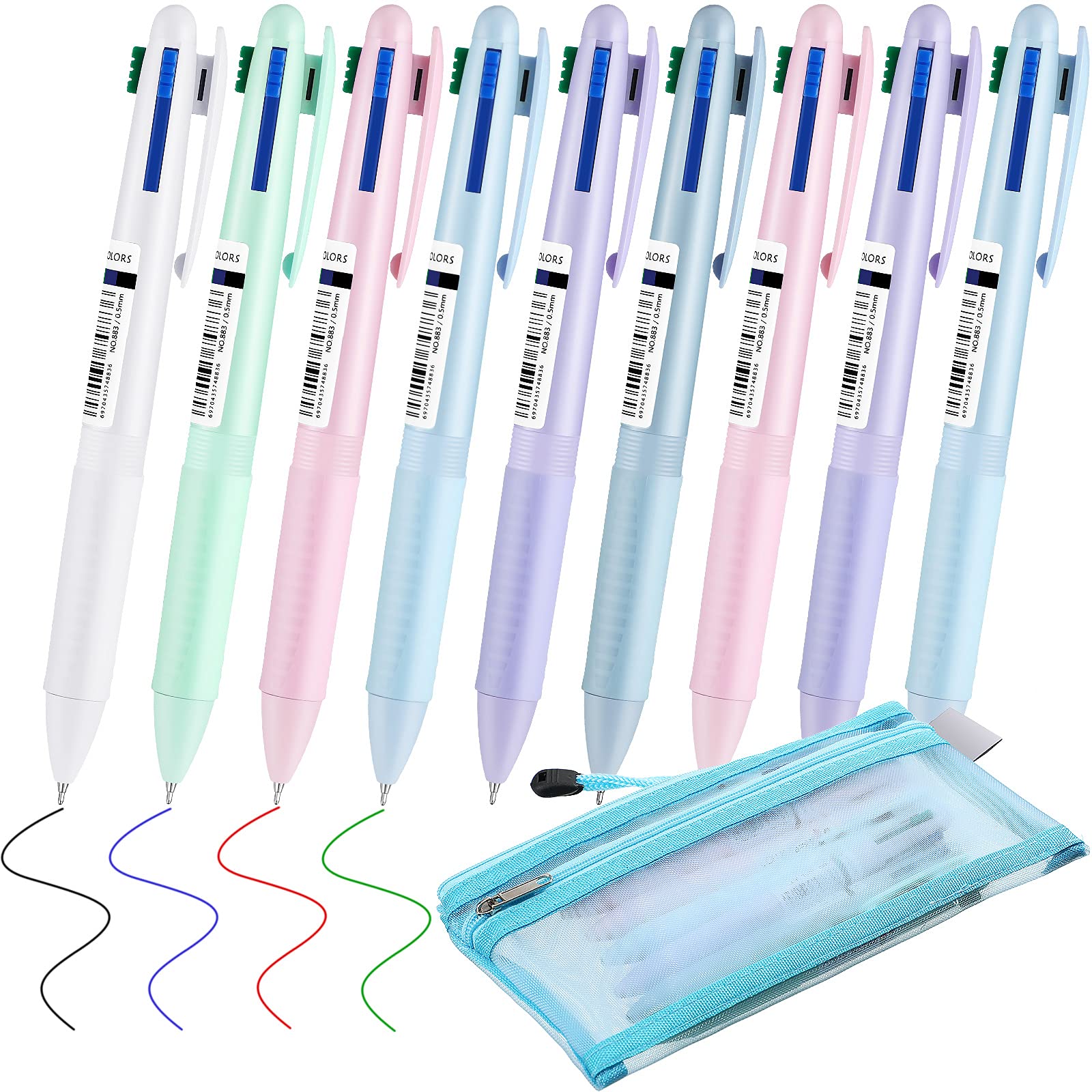 Tenare 8 Pcs 0.5 Mm 4-In-1 Multicolor Ballpoint Pens Retractable Ballpoint Pens Multicolor Pen In One With Mesh Zipper Pouch For