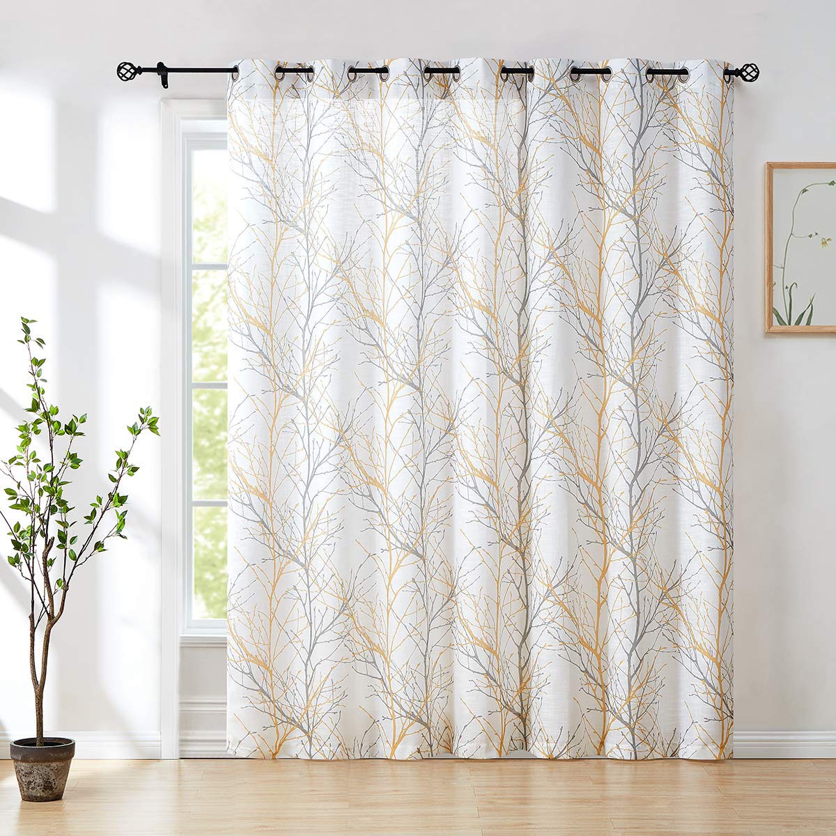 Fmfunctex Extra Wide Sliding Door Curtain For Living Room 108Inch Length Yellow Grey Tree Linen Texture Look Semi Sheers Branch