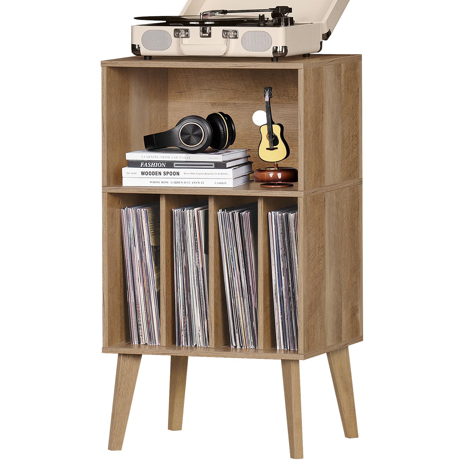Lerliuo Record Player Stand, Oak Turntable Stand Holds up to 160 Albums, Mid-Century Vinyl Storage Cabinet Table with Solid Wood